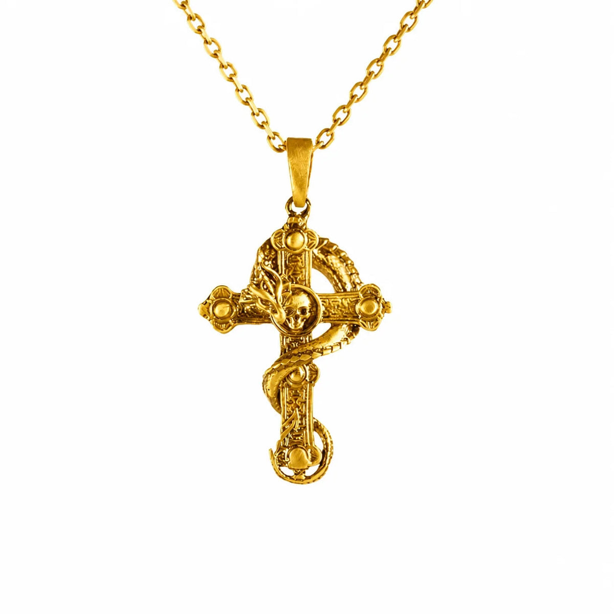 Serpent Coiled Skull Cross Necklace  Necklace Charmora Jewelry