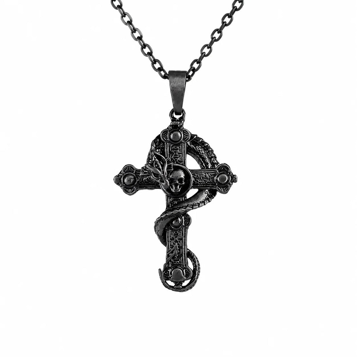 Serpent Coiled Skull Cross Necklace  Necklace Charmora Jewelry