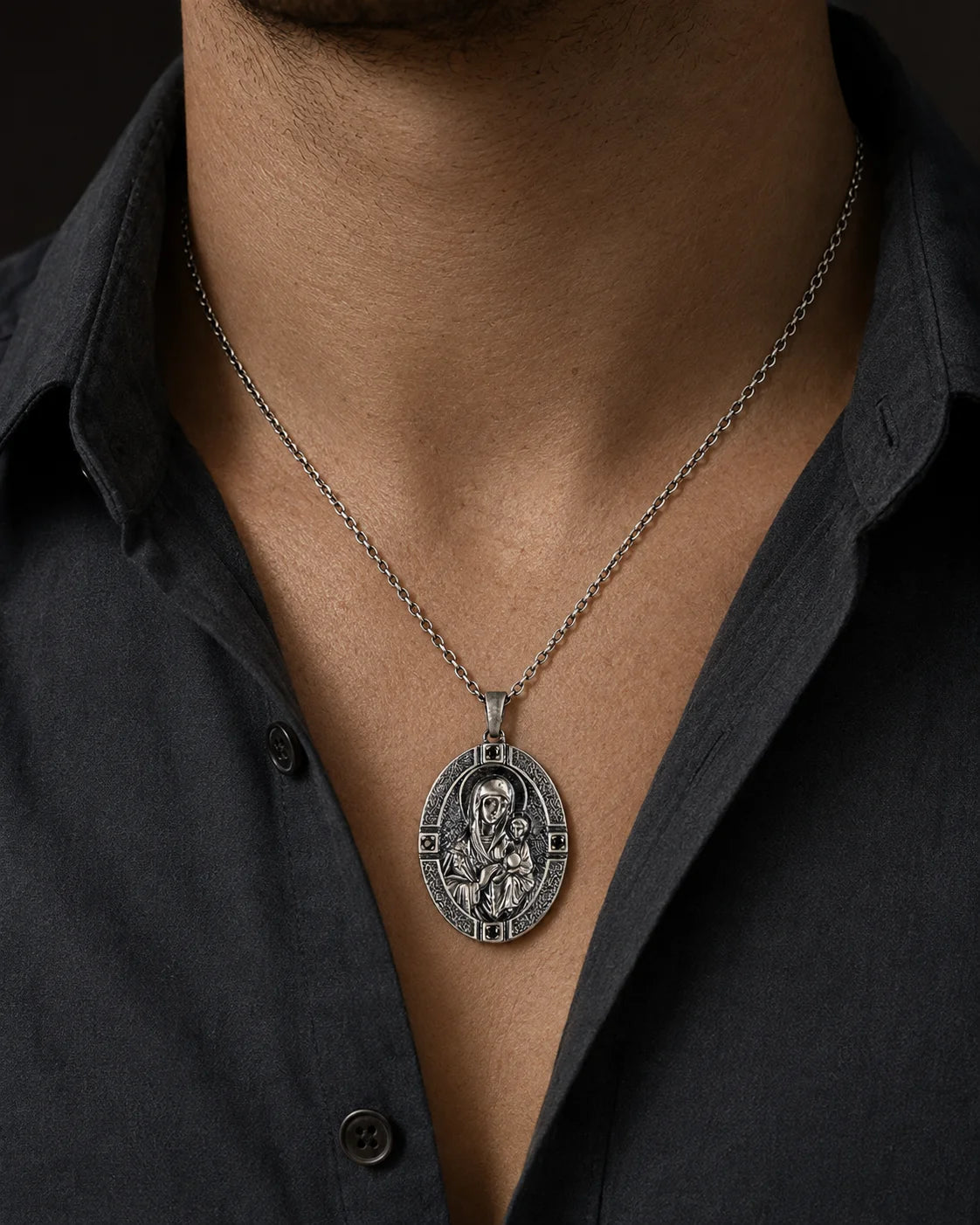 Orthodox Virgin Mary Engraved Oval Icon  Necklace Charmora Jewelry