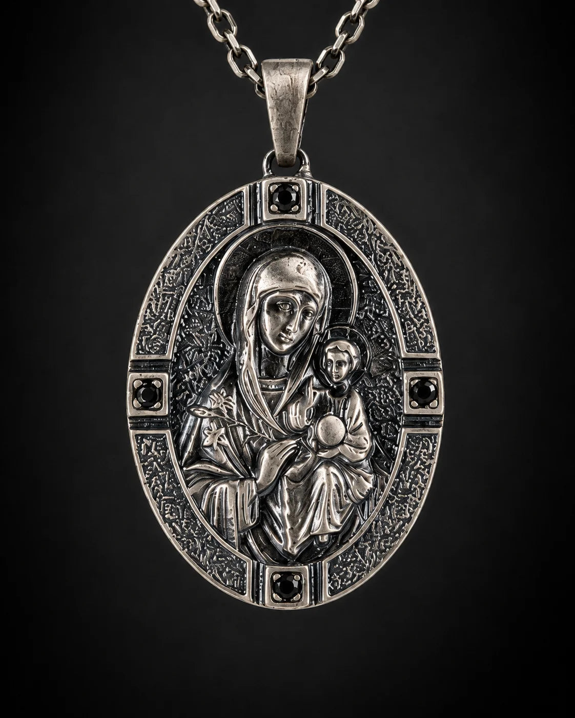 Orthodox Virgin Mary Engraved Oval Icon  Necklace Charmora Jewelry