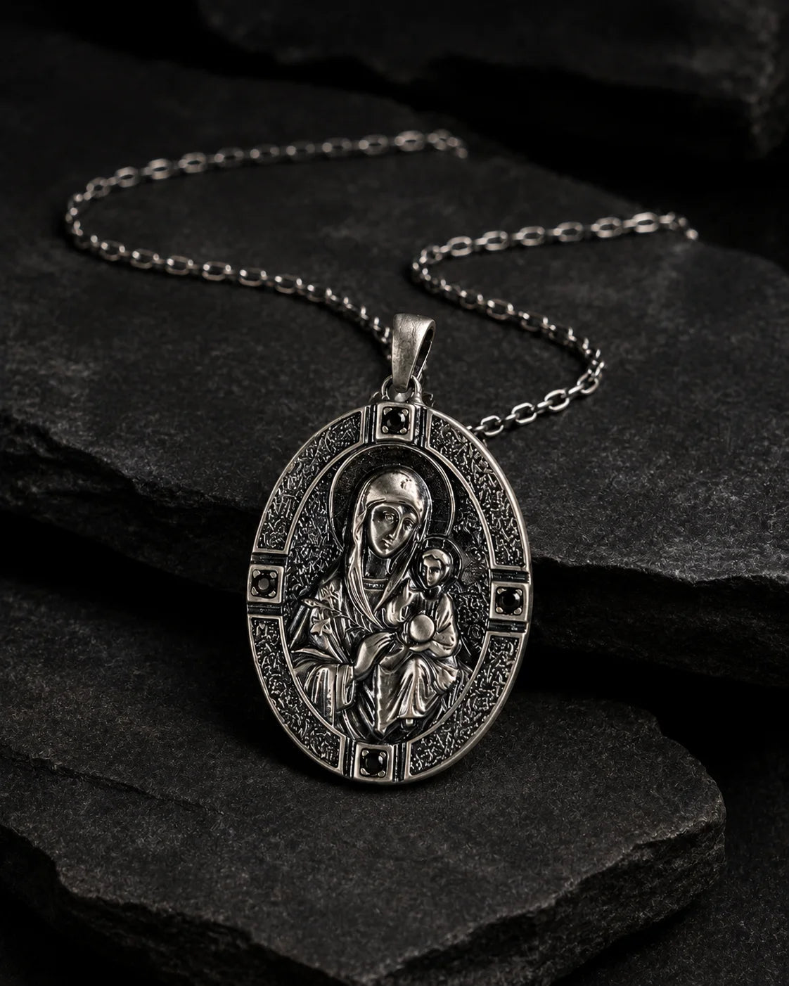 Orthodox Virgin Mary Engraved Oval Icon  Necklace Charmora Jewelry