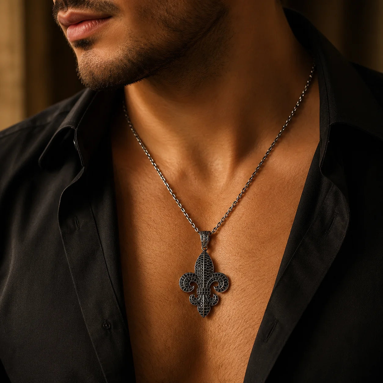 Black Pave Gemstone Fleur De Lis  Necklace Charmora Jewelry