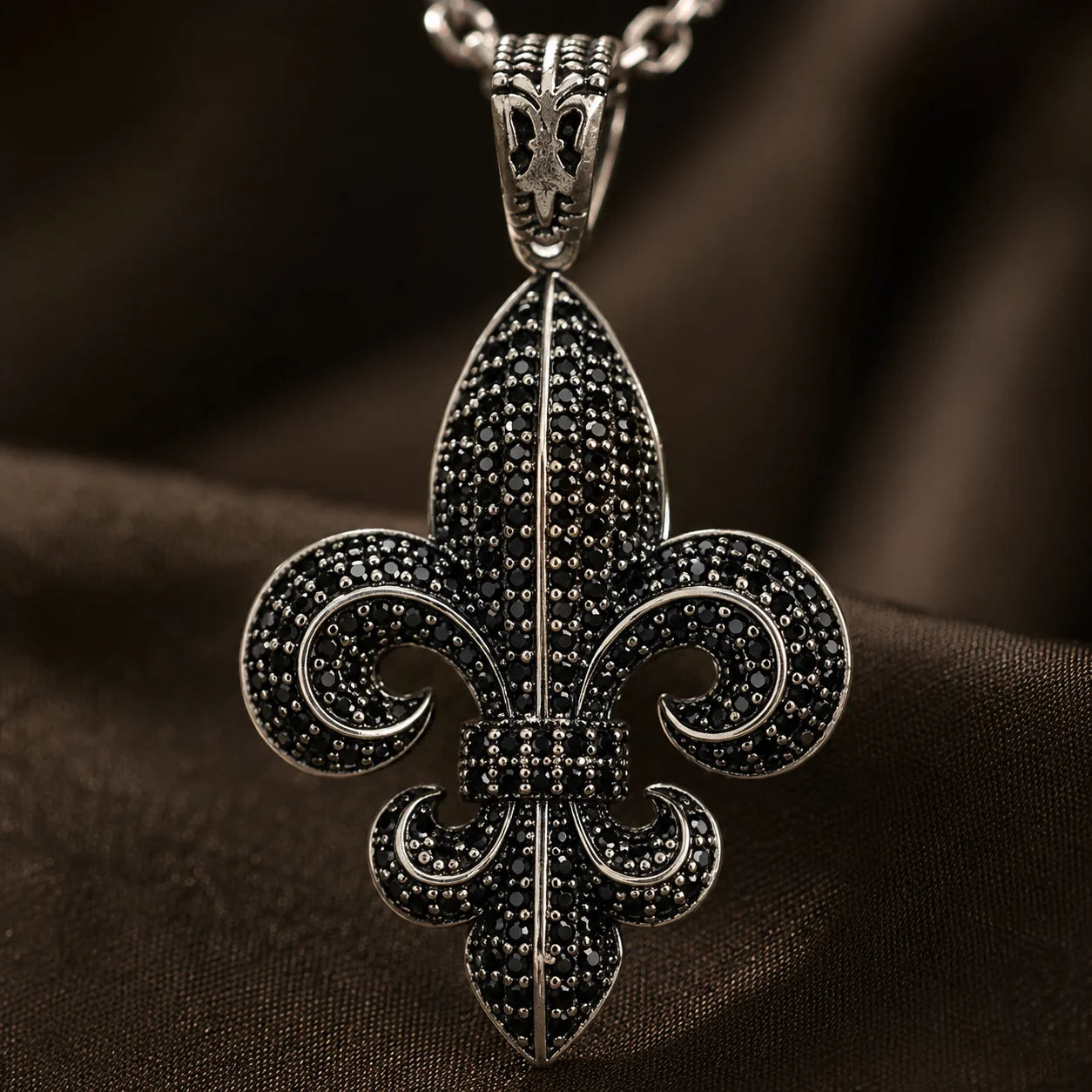 Black Pave Gemstone Fleur De Lis  Necklace Charmora Jewelry