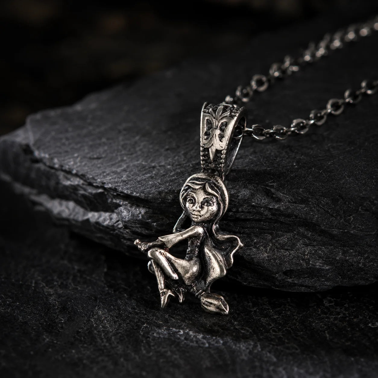Whimsical Broomstick Flying Witch Necklace  Necklace Charmora Jewelry