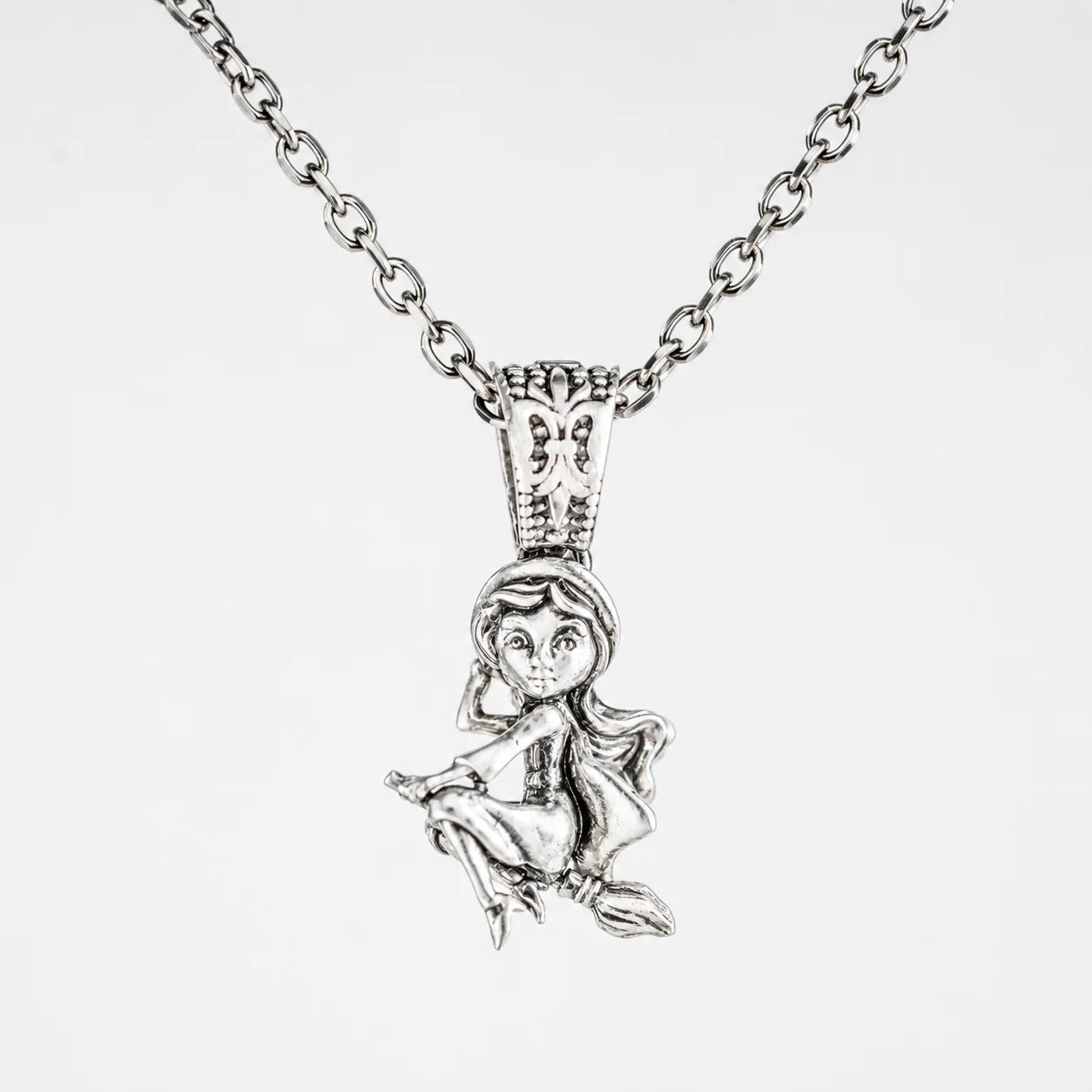 Whimsical Broomstick Flying Witch Necklace  Necklace Charmora Jewelry