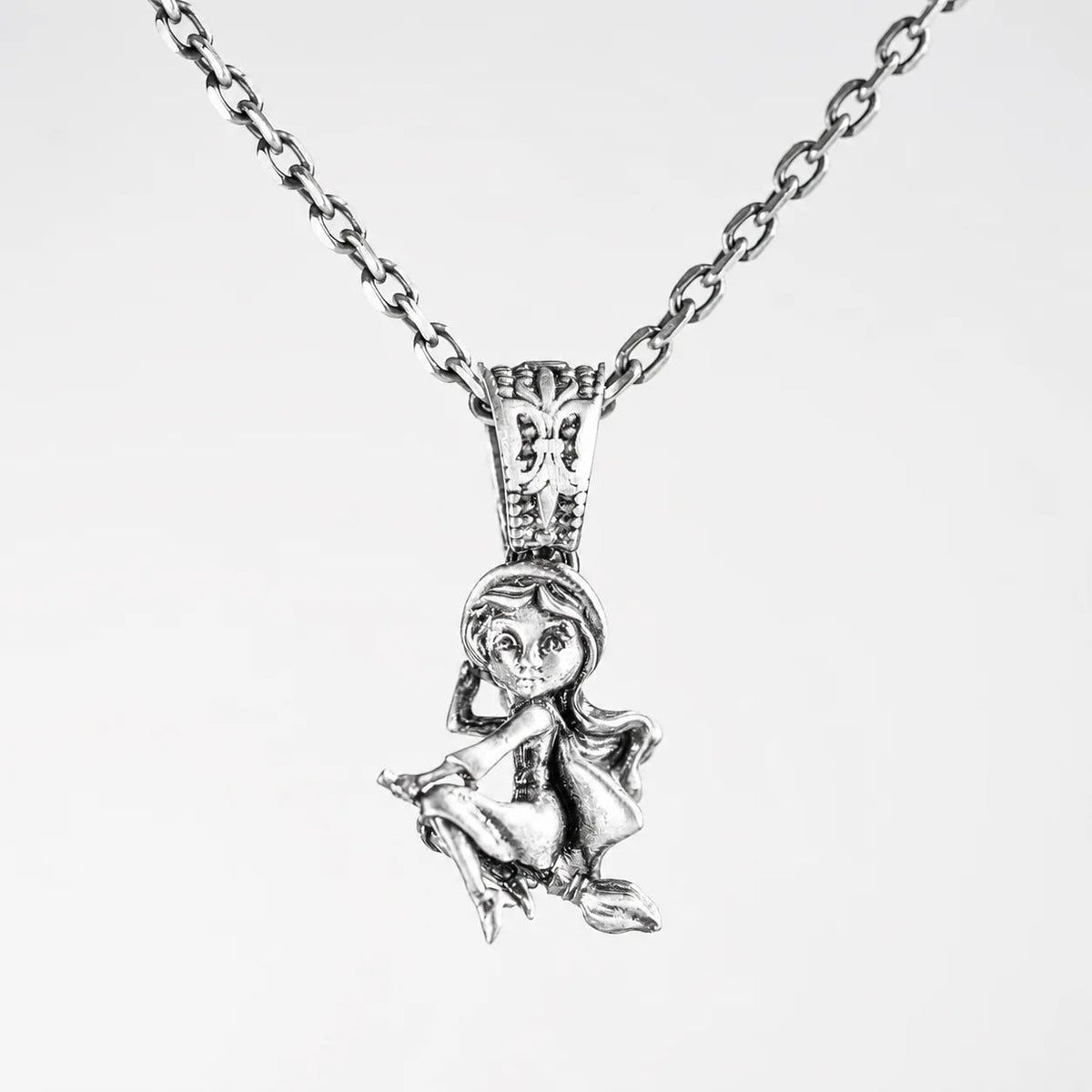 Whimsical Broomstick Flying Witch Necklace  Necklace Charmora Jewelry