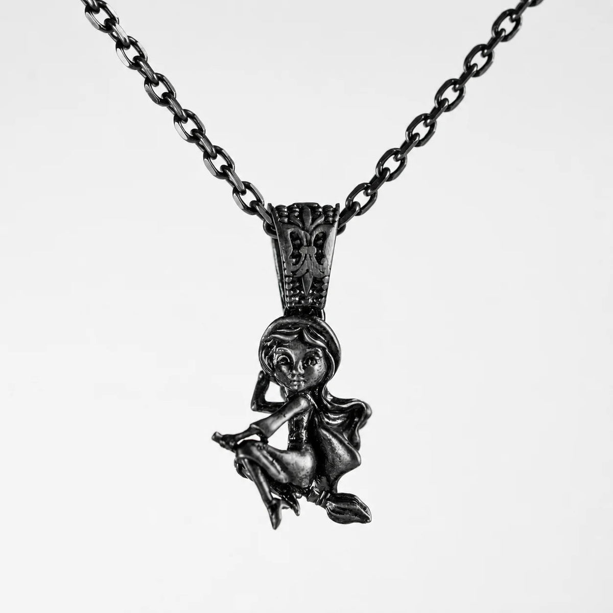 Whimsical Broomstick Flying Witch Necklace  Necklace Charmora Jewelry