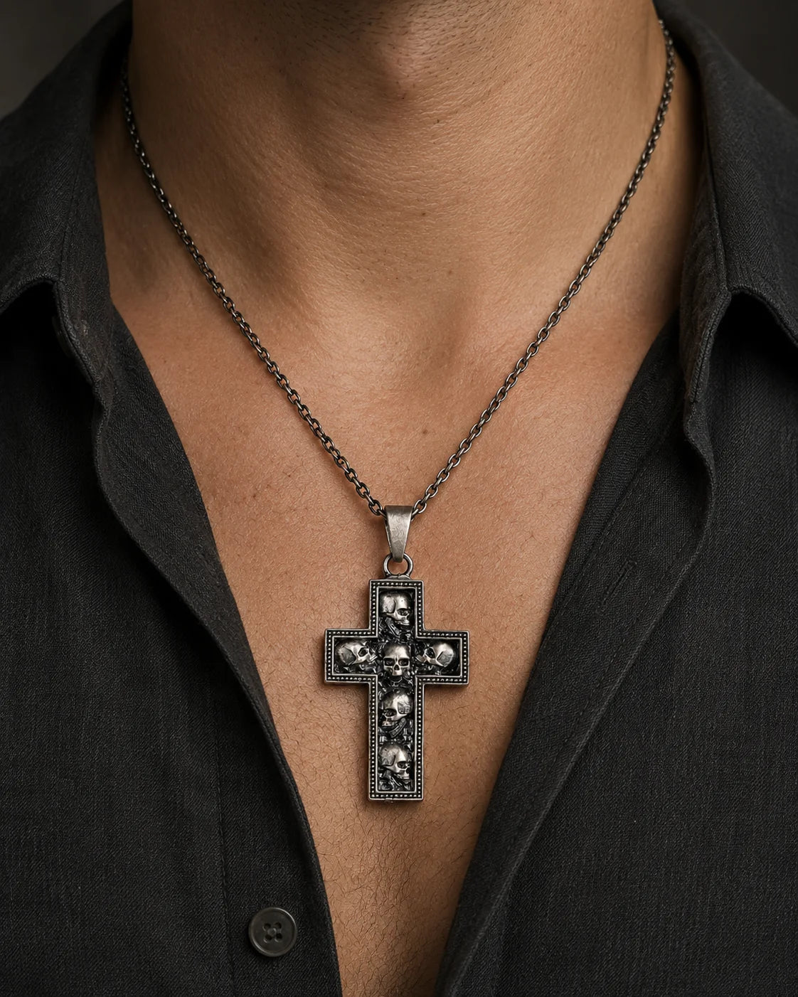 Memento Mori Six Skull Cross  Necklace Charmora Jewelry