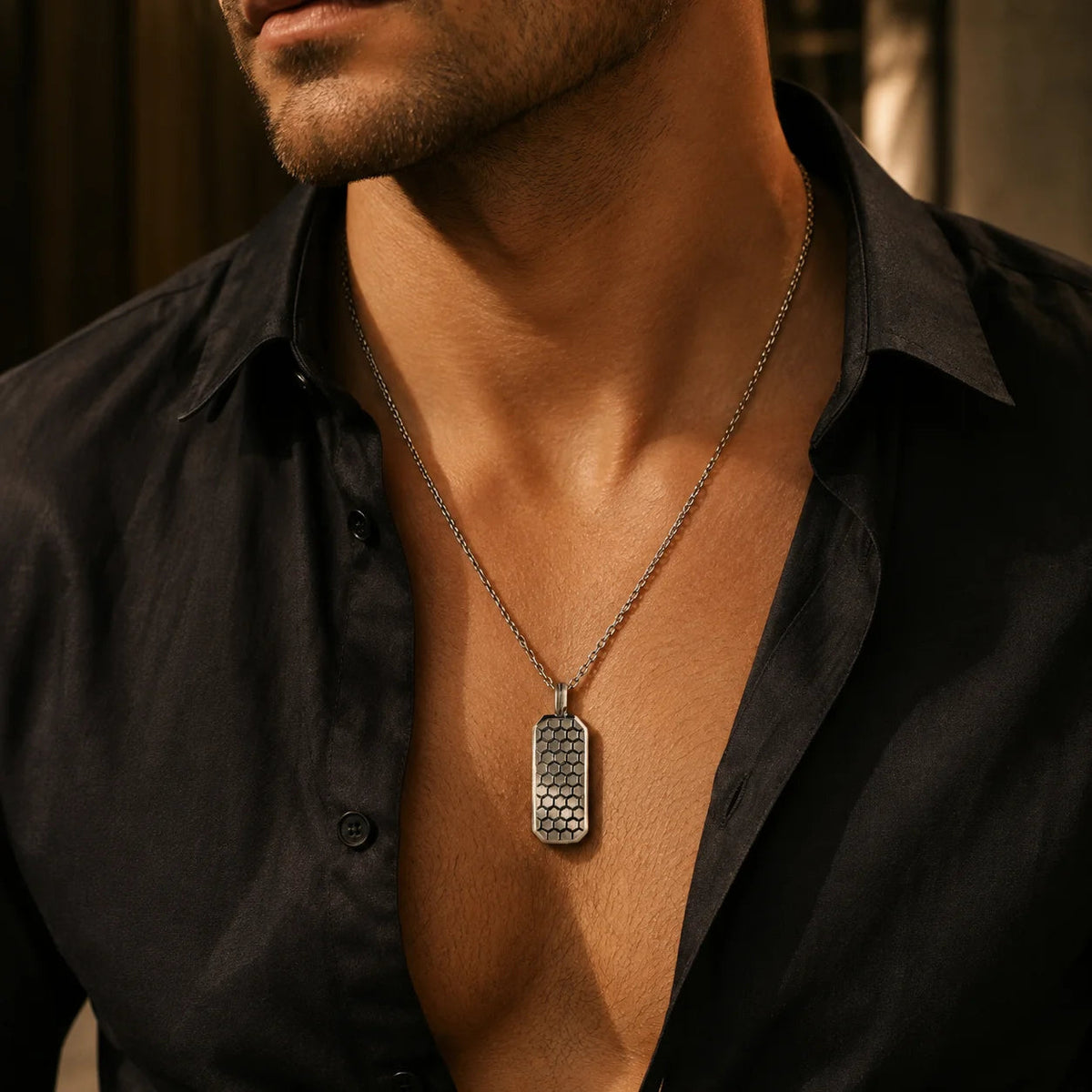 Custom Engraved Honeycomb Geometric Tag  Necklace Charmora Jewelry