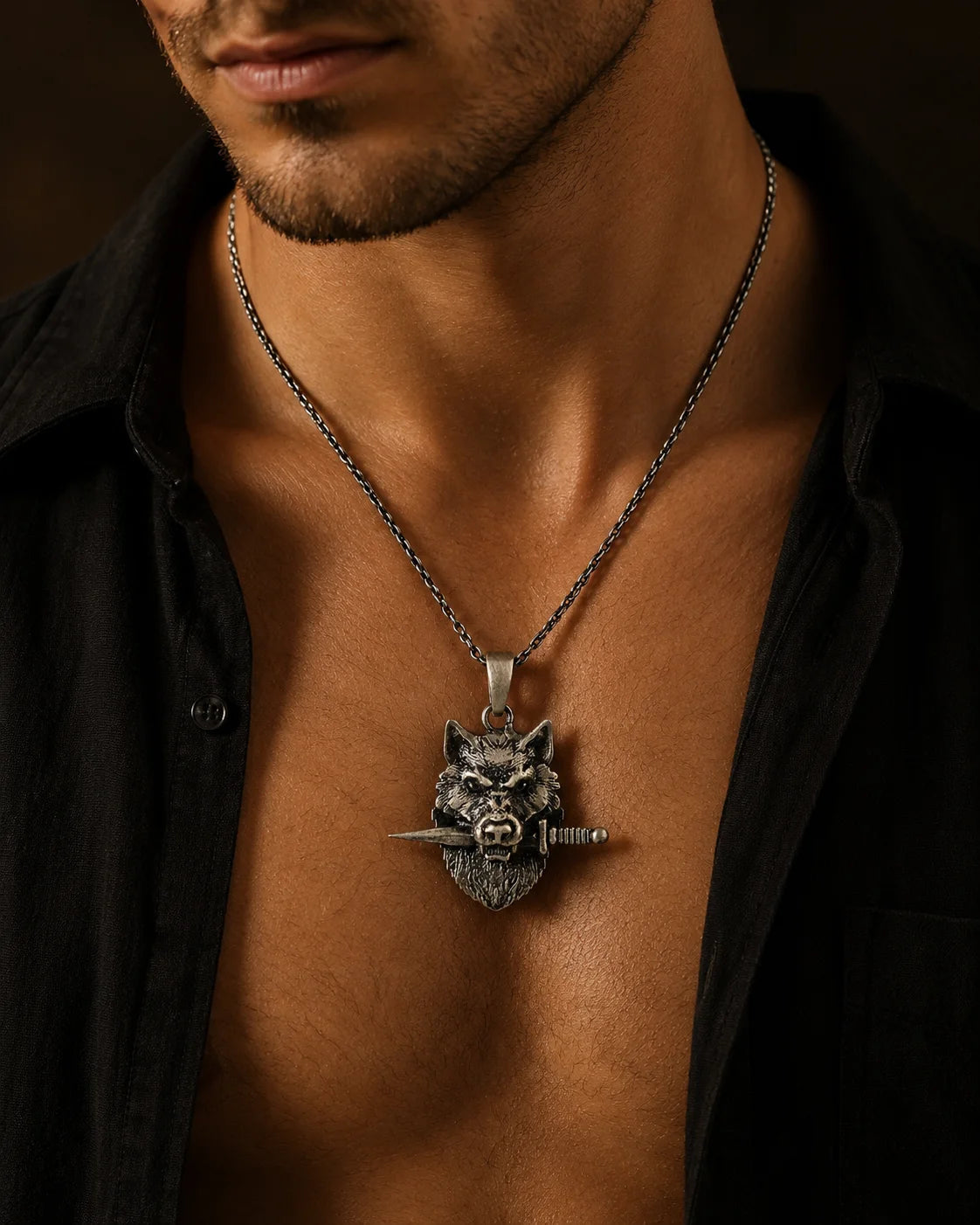 Viking Wolf Head Dagger in Mouth  Necklace Charmora Jewelry