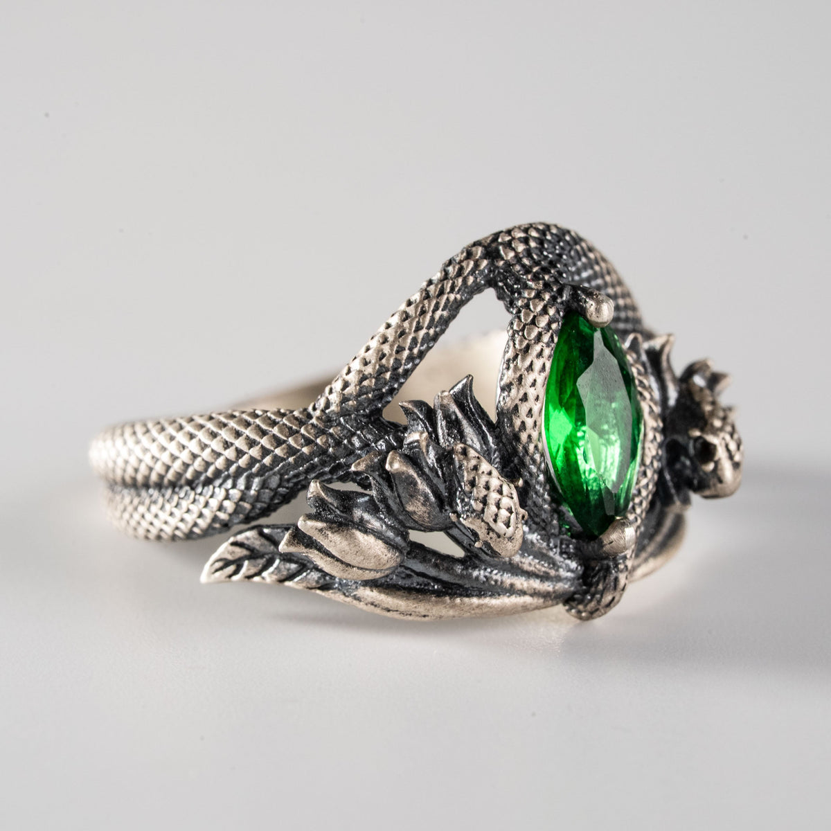 Green Eye Serpent Relief Motif Ring  Ring  Charmora Jewelry