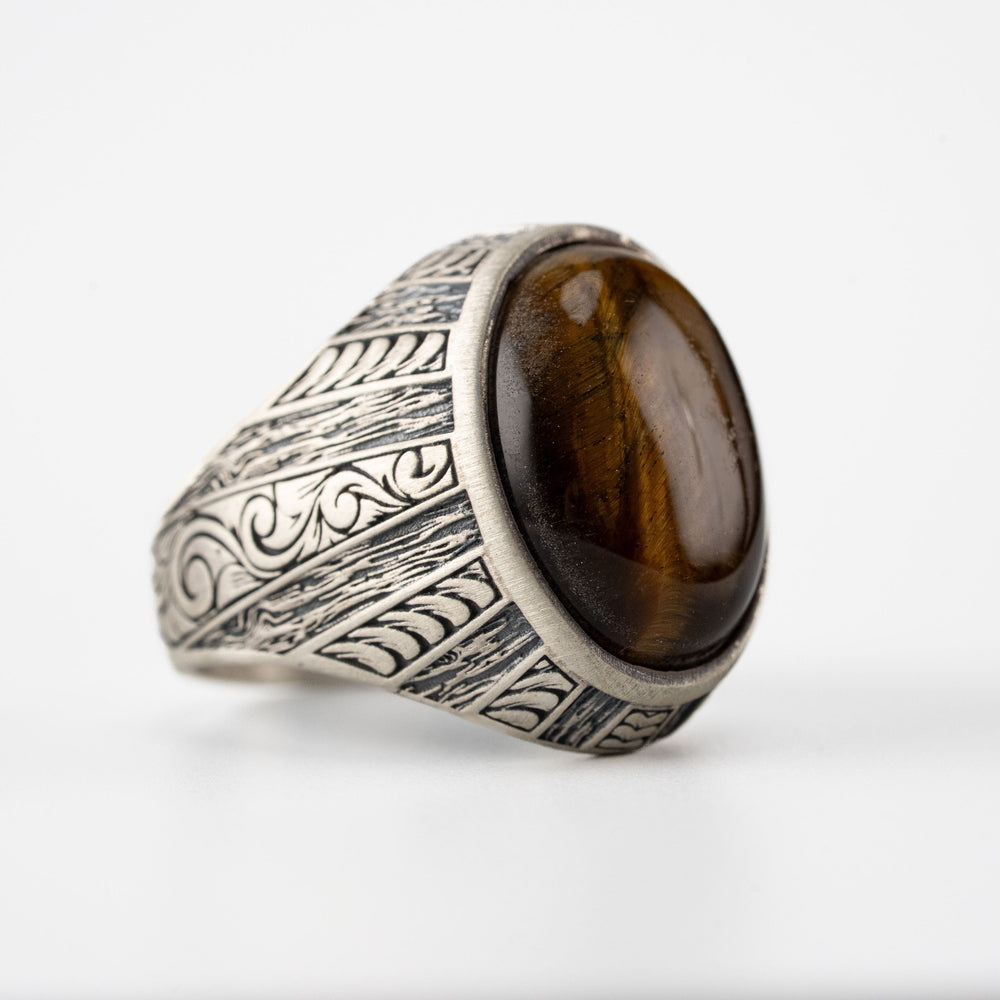 Tiger's Eye Floral Relief Motif Signet Ring  Ring  Charmora Jewelry