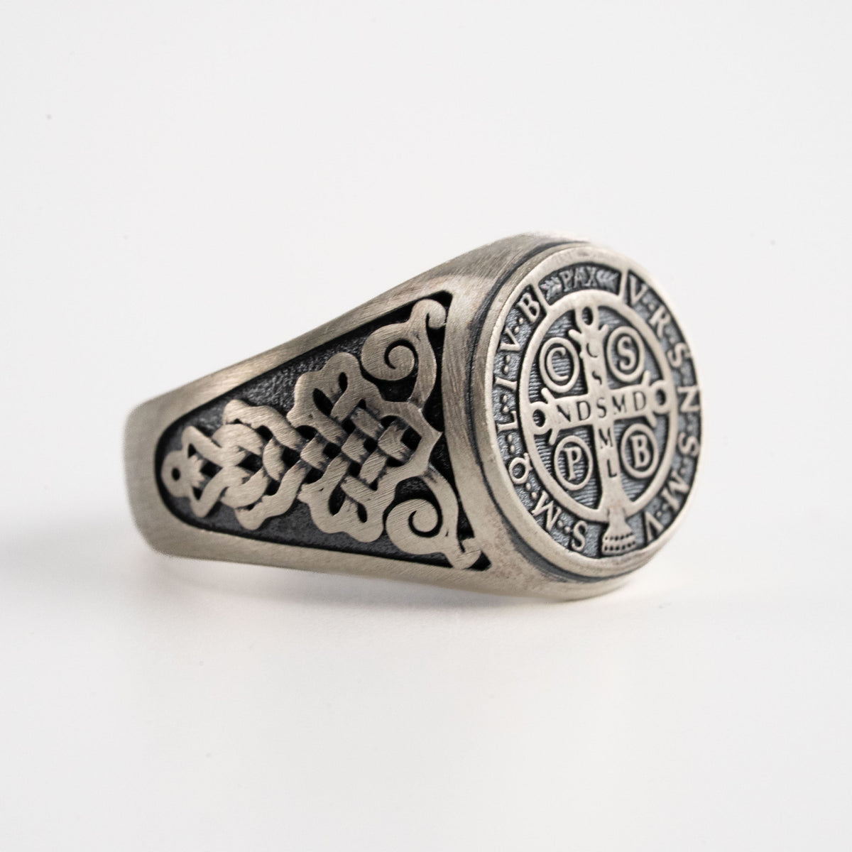 St Benedict Relief Motif Signet Ring  Ring  Charmora Jewelry