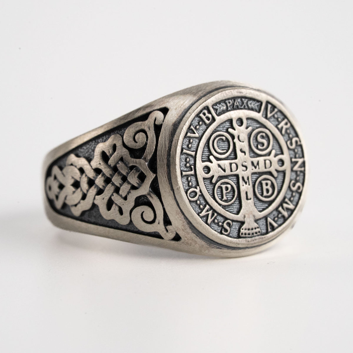 St Benedict Relief Motif Signet Ring  Ring  Charmora Jewelry