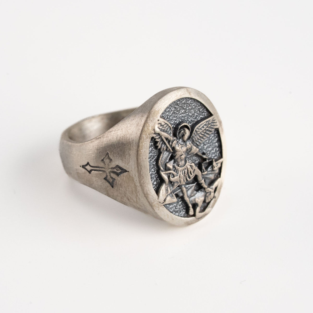 St Michael Archangel Relief Motif Signet Ring  Ring  Charmora Jewelry