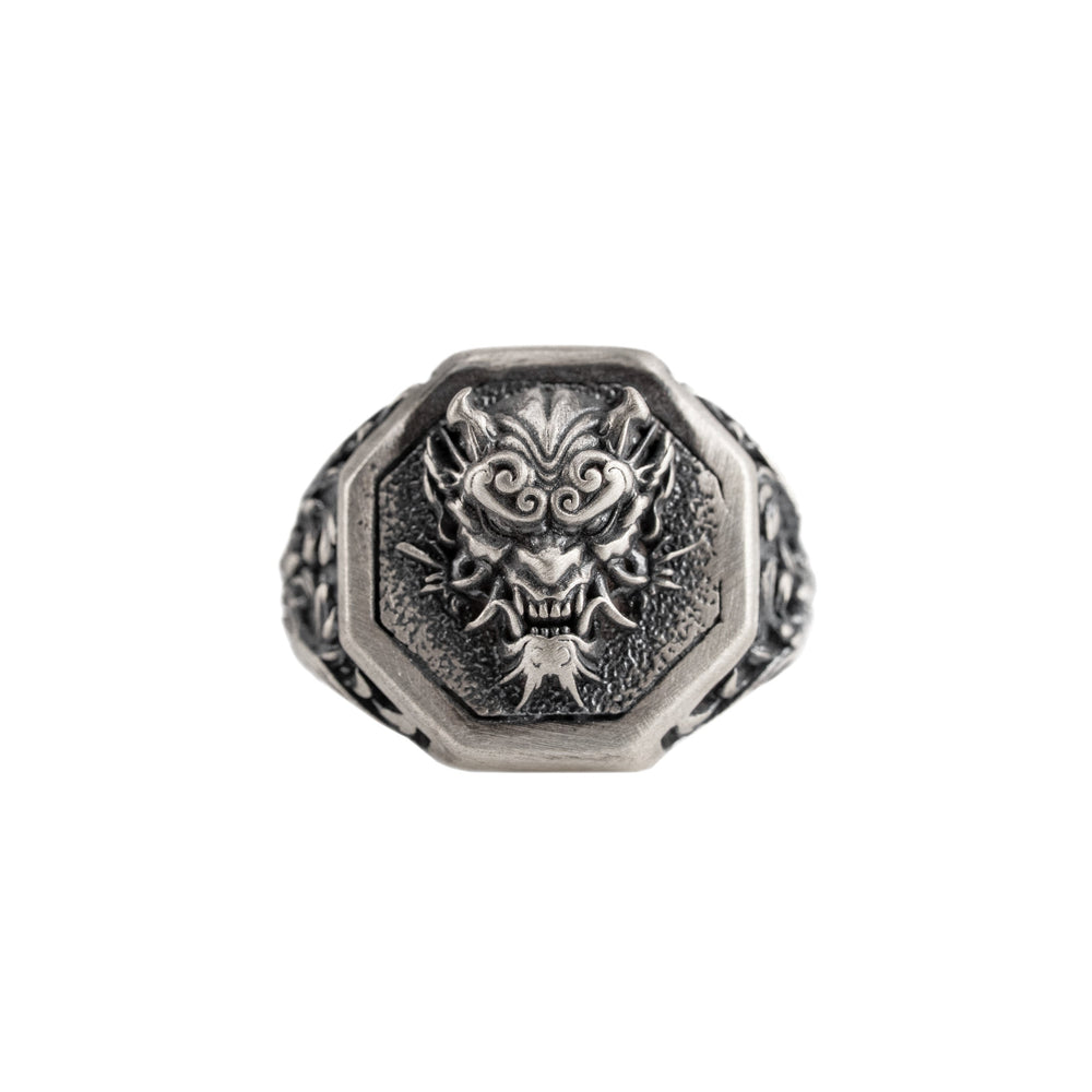 Japanese Oni Mask Relief Signet Ring  Ring  Charmora Jewelry