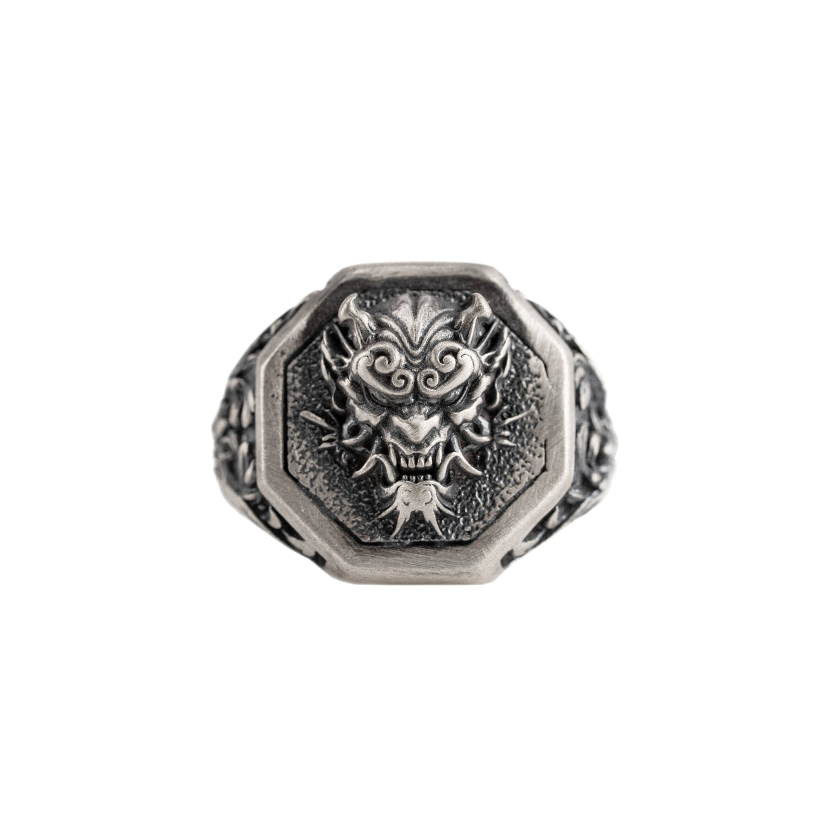 Japanese Oni Mask Relief Signet Ring  Ring  Charmora Jewelry