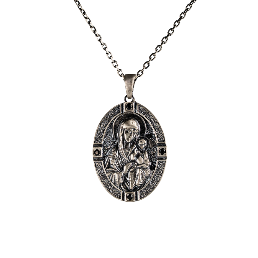 Orthodox Virgin Mary Engraved Oval Icon Necklace  Necklace  Charmora Jewelry