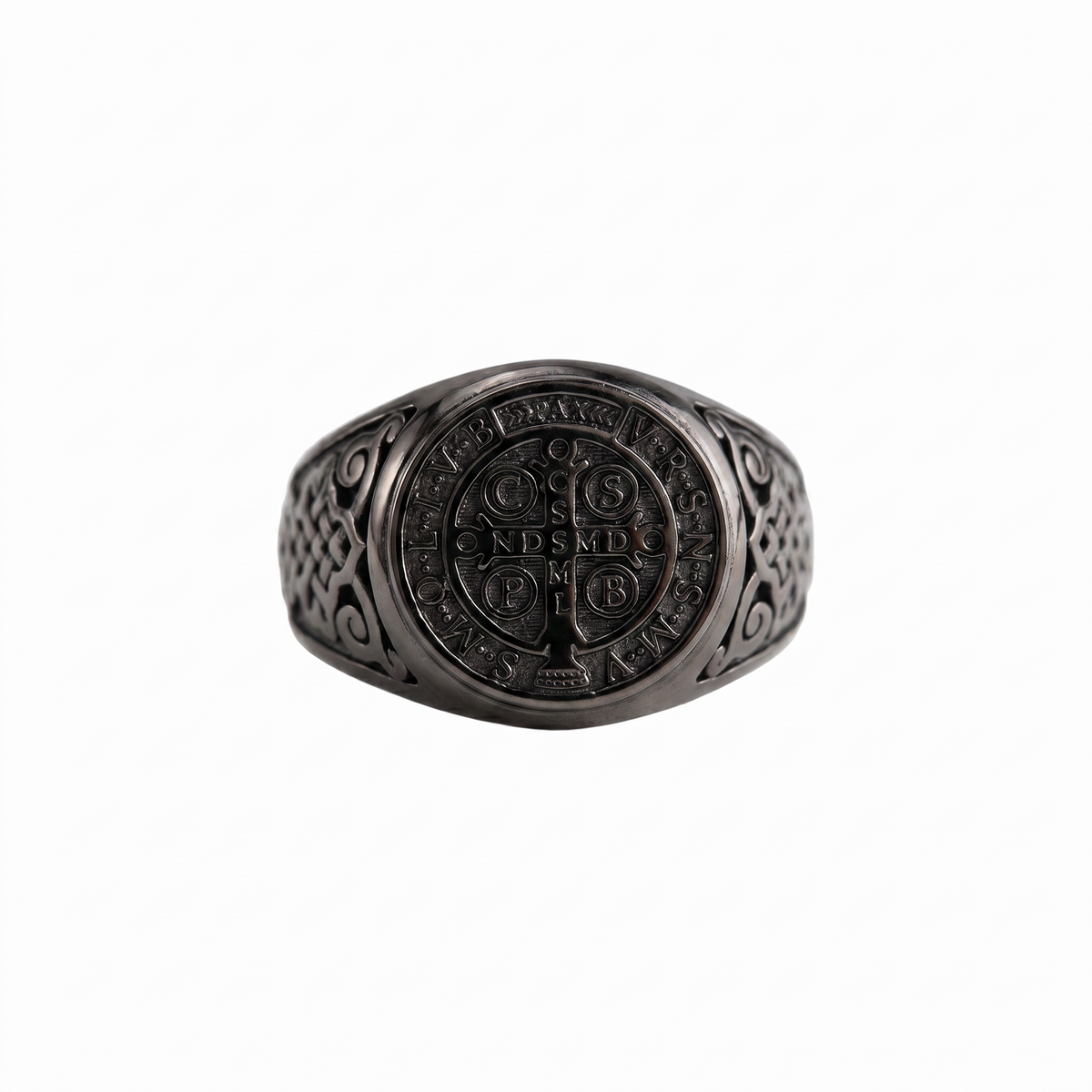 St Benedict Relief Motif Signet Ring  Ring  Charmora Jewelry