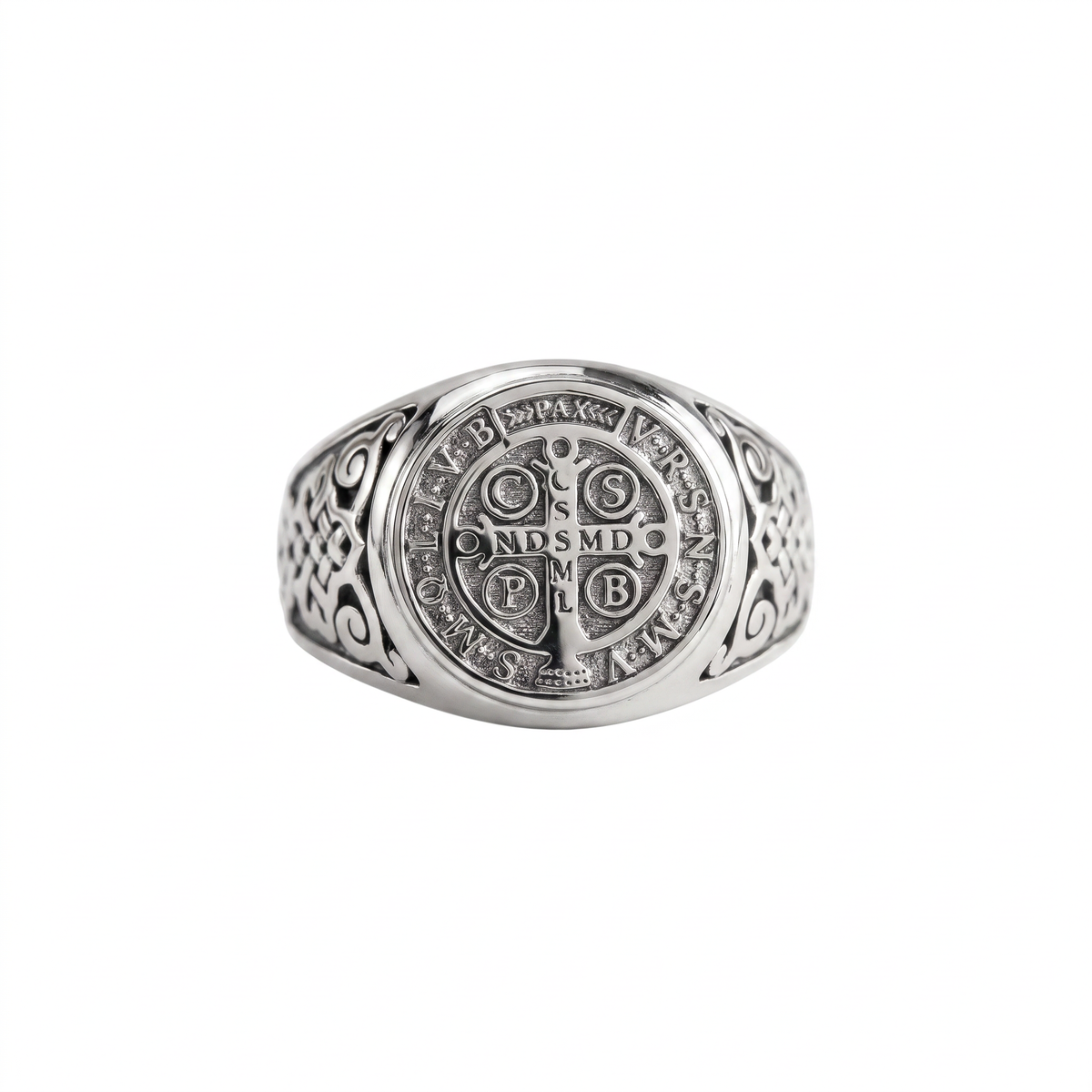 St Benedict Relief Motif Signet Ring  Ring  Charmora Jewelry