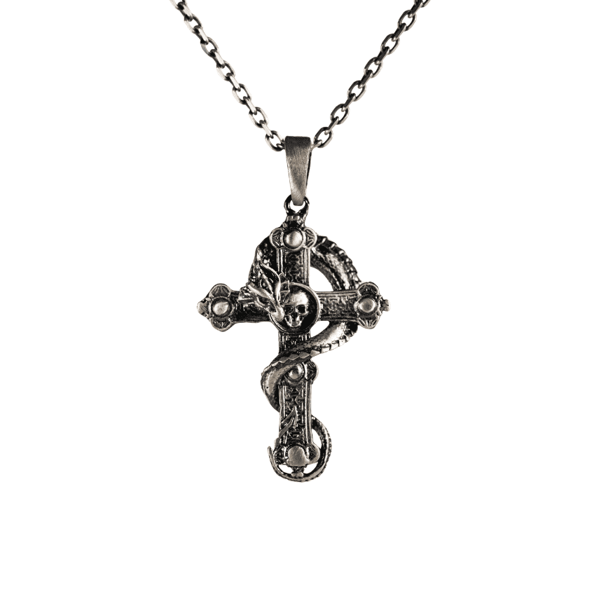Serpent Coiled Skull Cross Necklace  Necklace  Charmora Jewelry