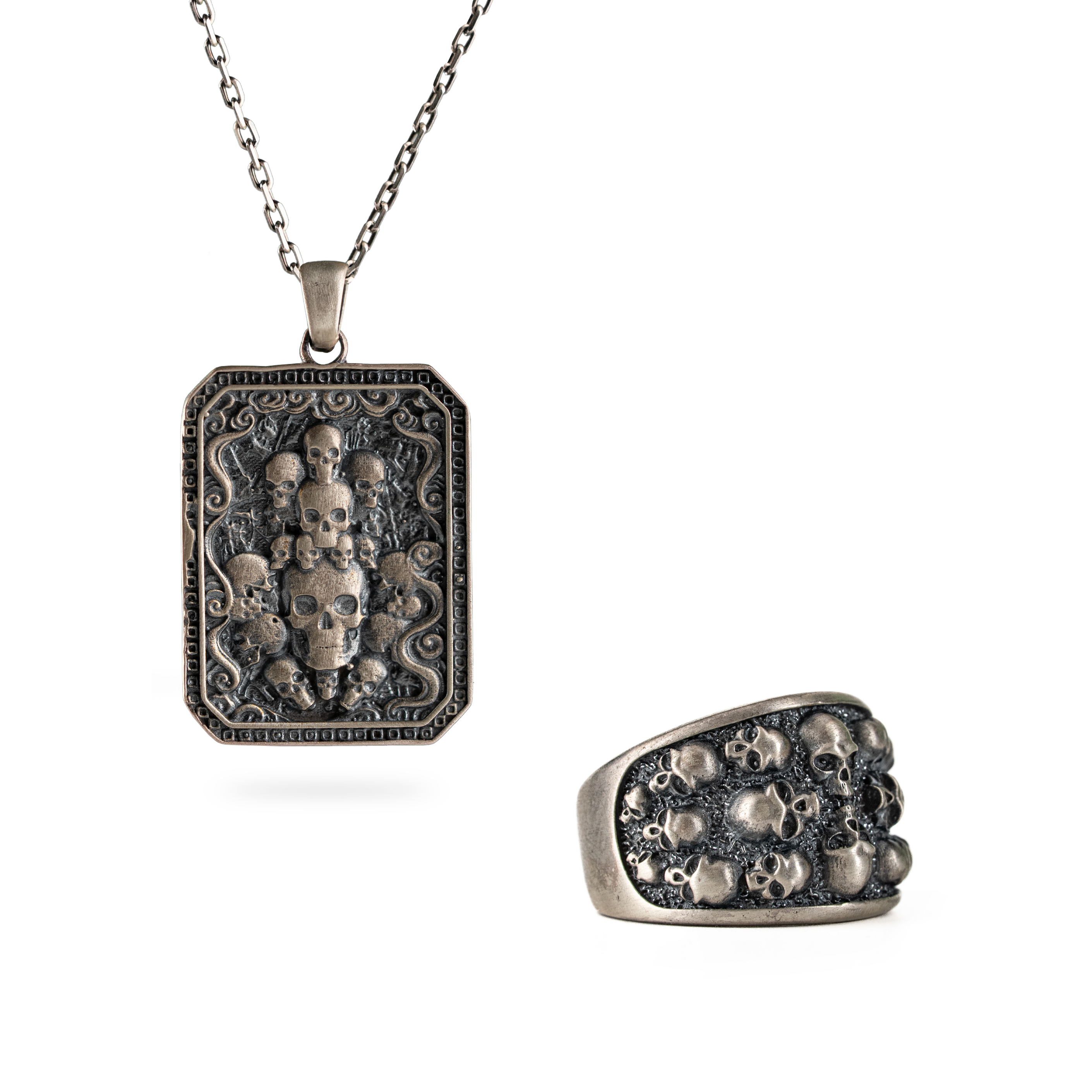 Sculpted Skull Necklace and Ring Jewelry Set  Ring  Charmora Jewelry