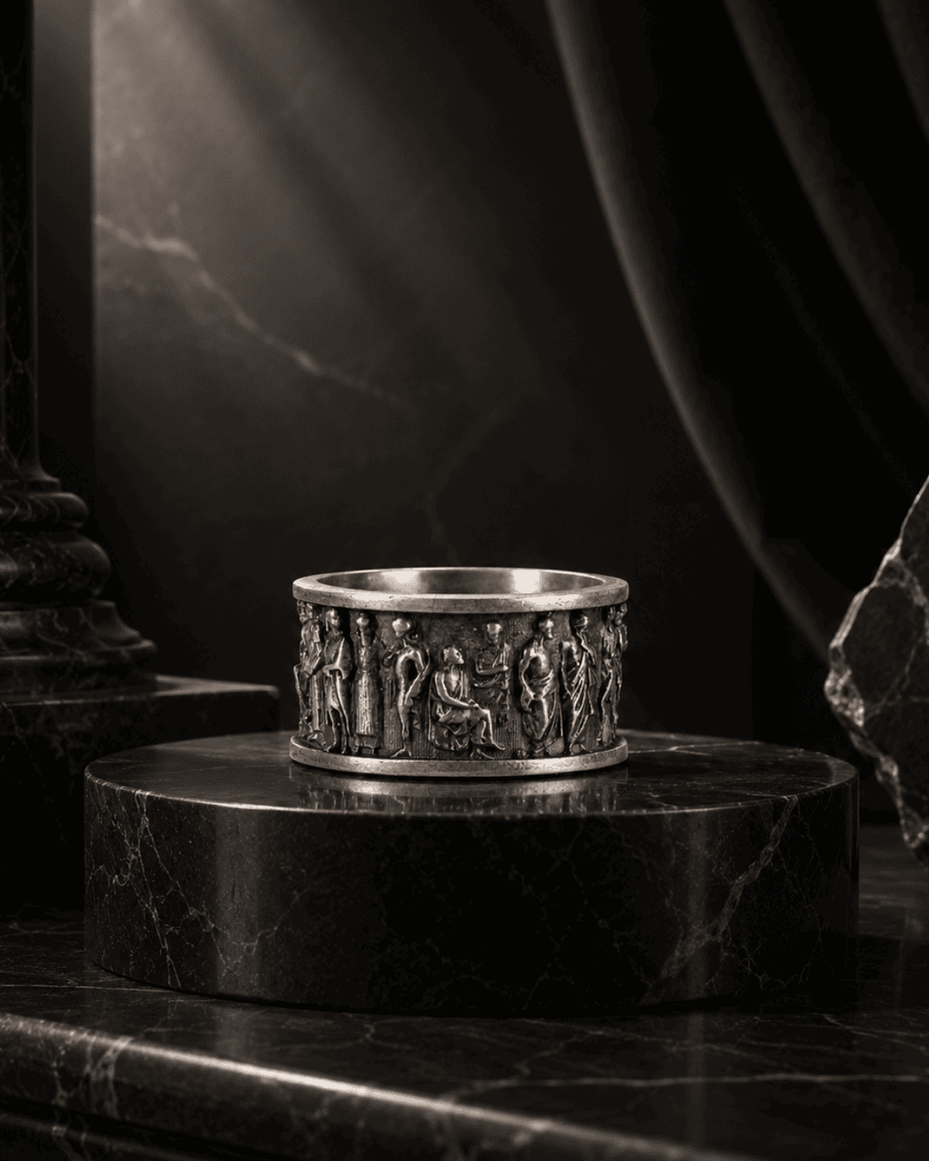 Roman Relief Band Classical Figures Wide Statement Ring