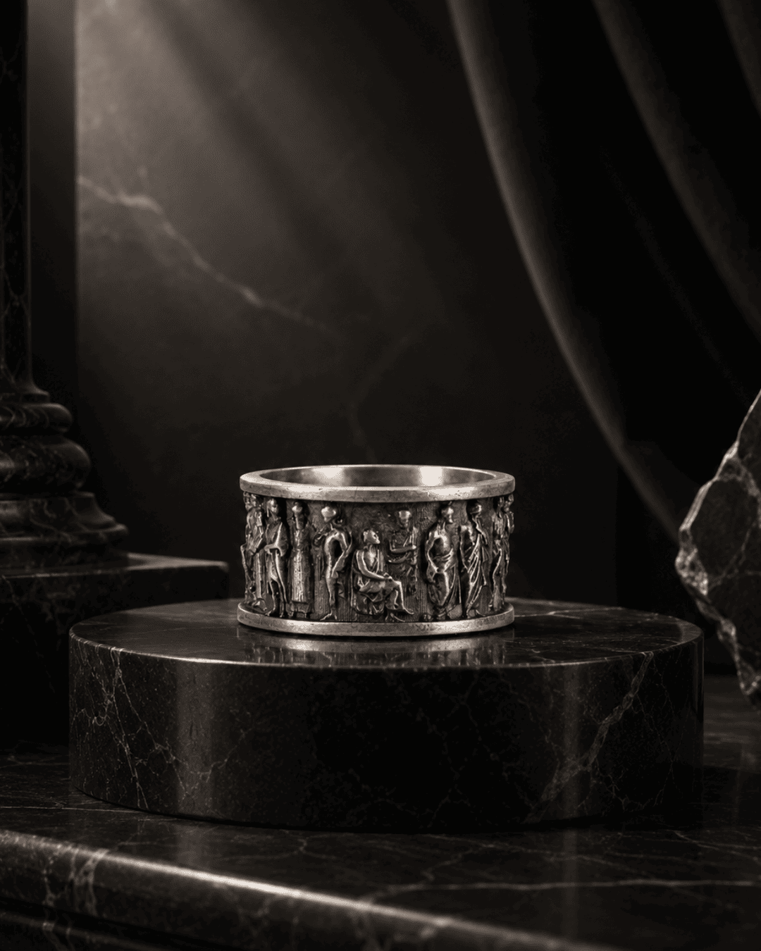 Roman Relief Band Classical Figures Wide Statement Ring