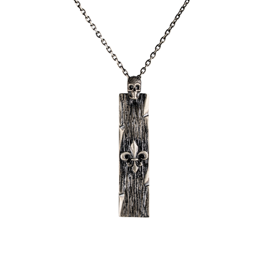 Wood Grain Fleur De Lis Skull Bar Necklace  Necklace  Charmora Jewelry