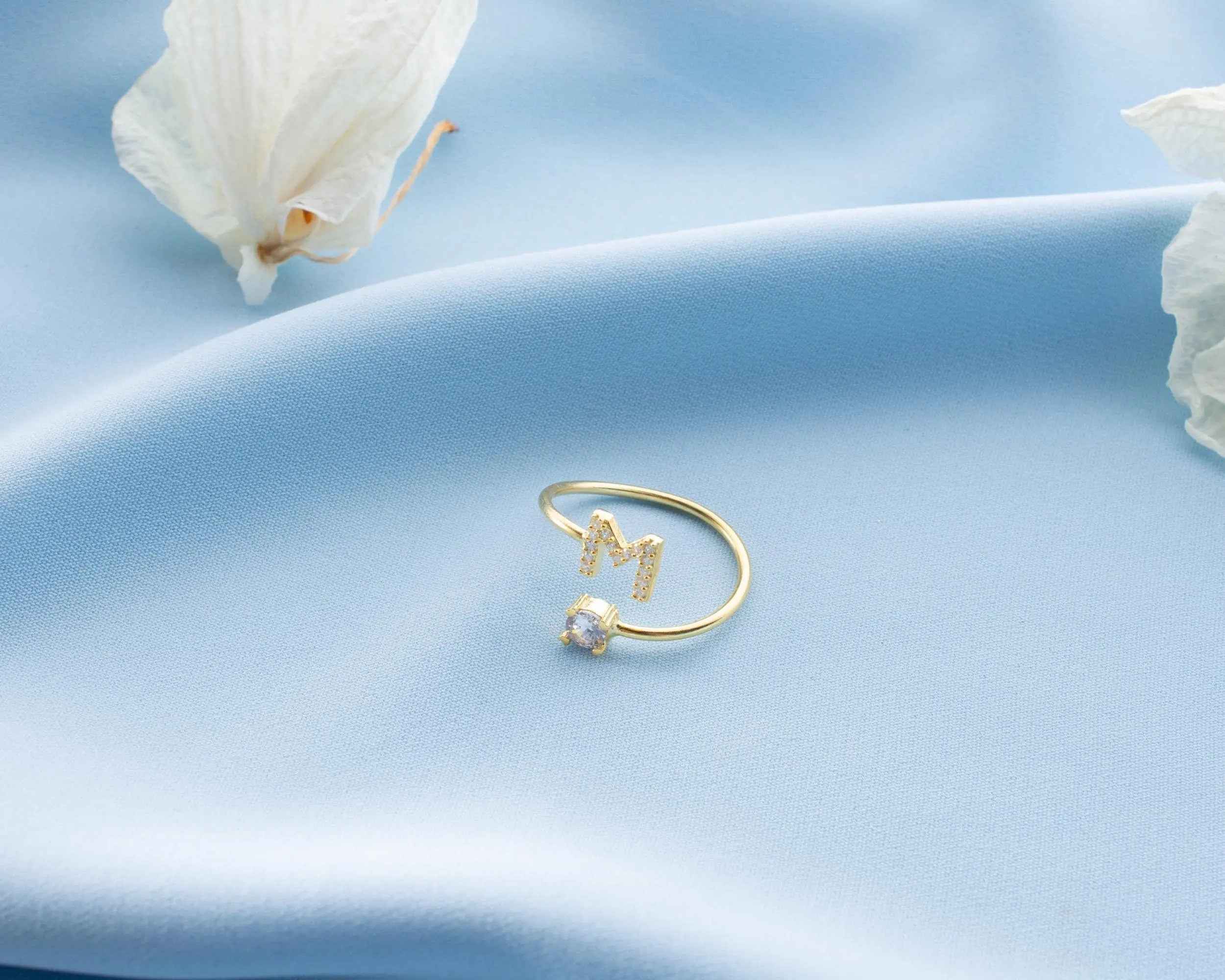 Sterling Silver Stone Initial Ring: Personalized Letter Ring