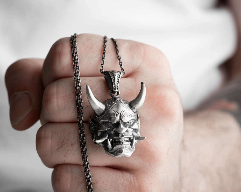 Sterling Silver Oni Mask Necklace: Japanese Samurai Pendant   Charmora Jewelry