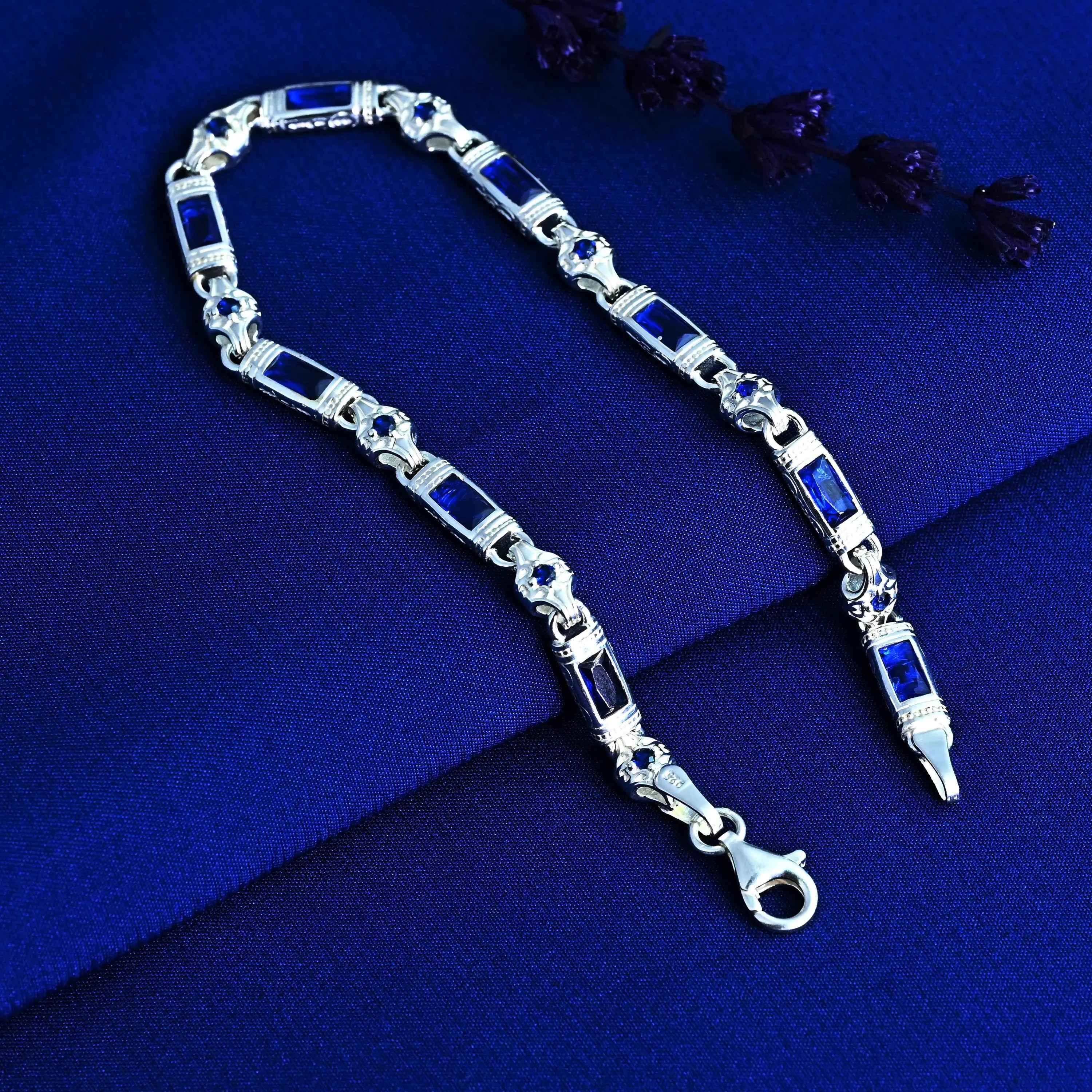 Sterling Silver Men’s Bracelet with Sapphire Baguette Stones – Gift for Him