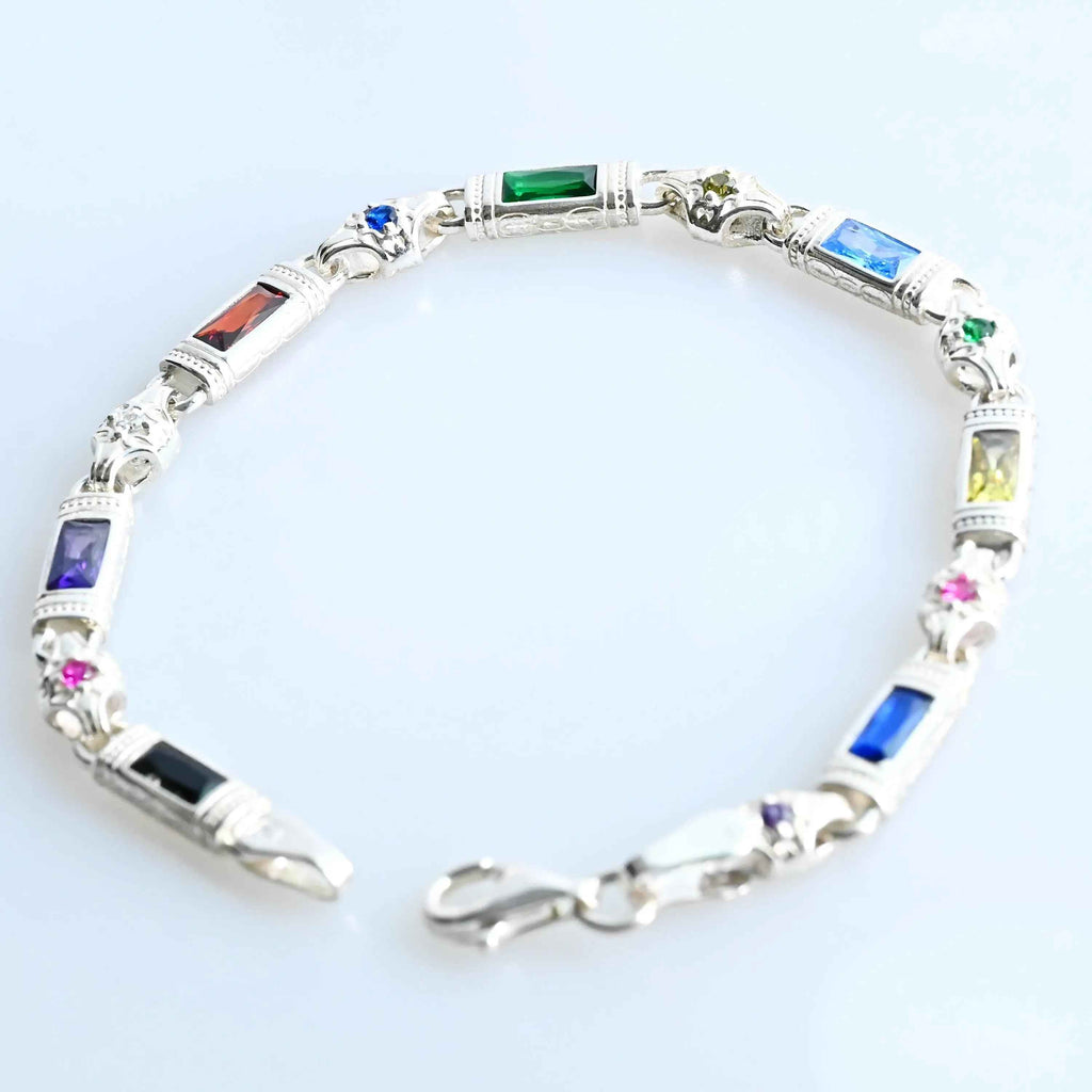 Multicolor Baguette Stone Sterling Silver Bracelet – Men’s Statement Jewelry, Gift for Him