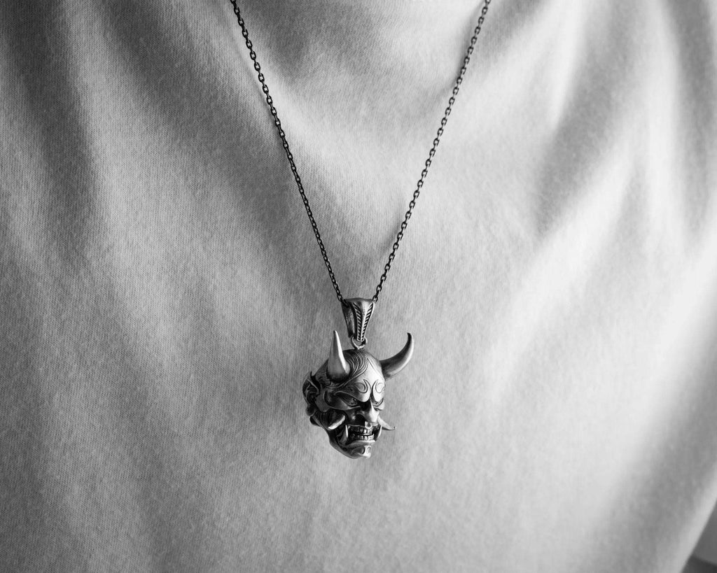 Sterling Silver Oni Mask Necklace: Japanese Samurai Pendant   Charmora Jewelry