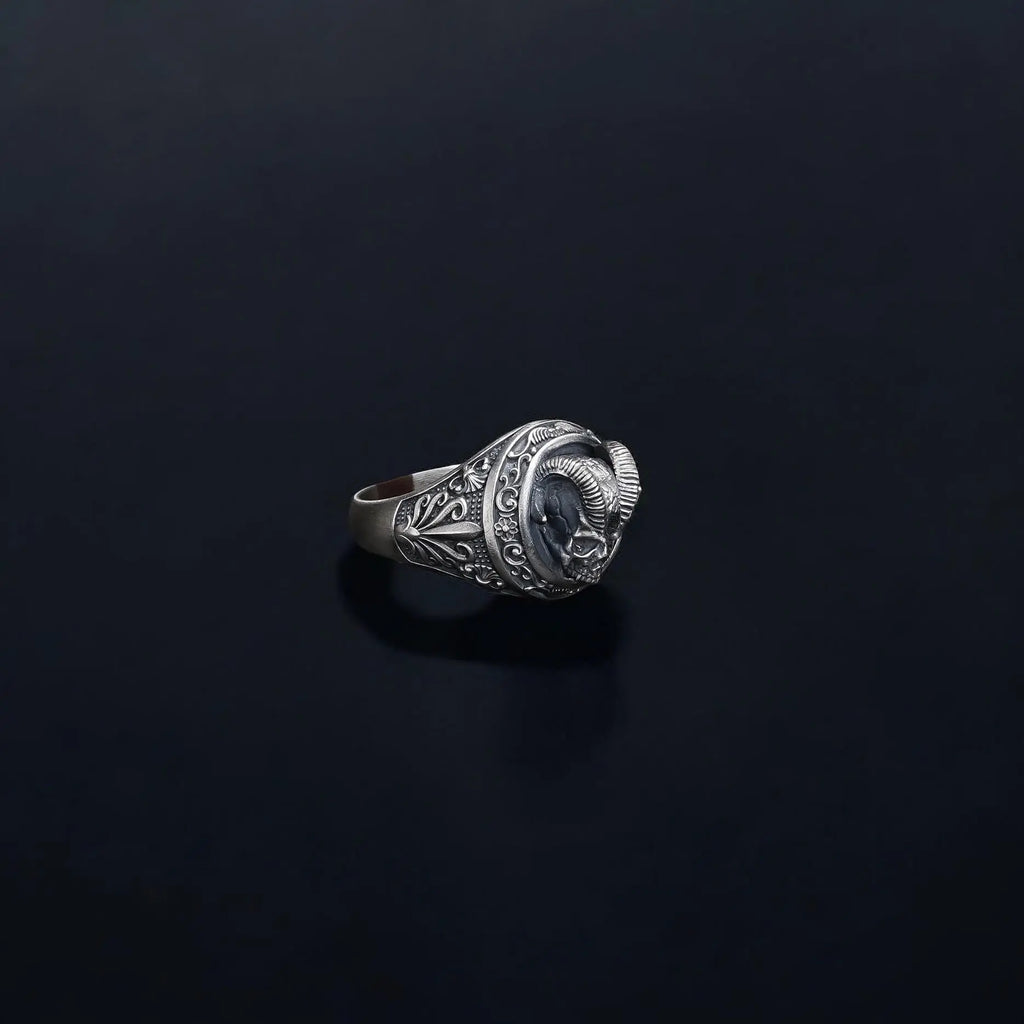 Oxidized Sterling Silver Demon Skull Ring, Gothic Biker Jewelry   Charmora Jewelry