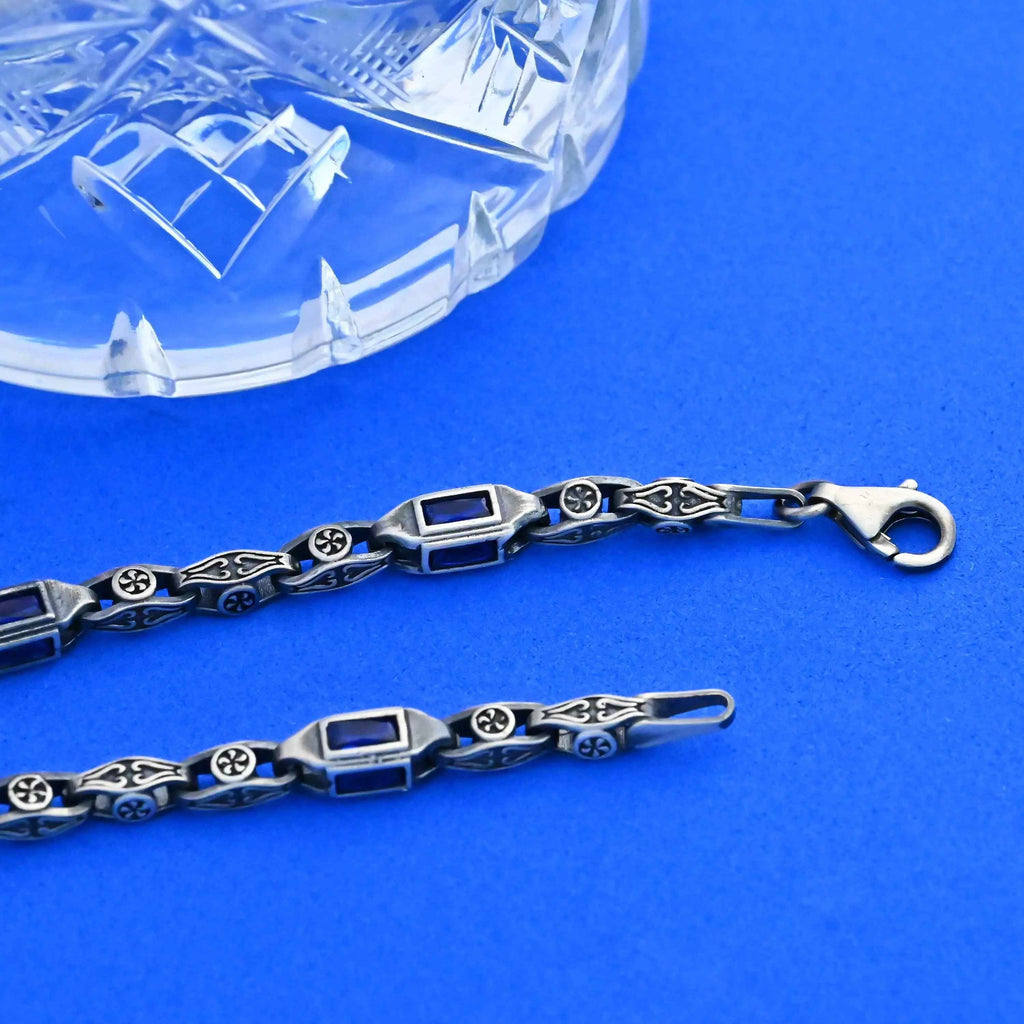 Sterling Silver Men's Bracelet: Blue Zircon Vintage Link Design