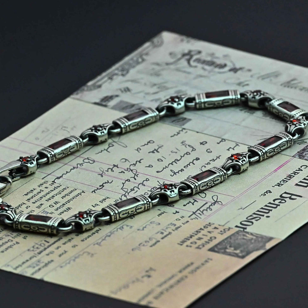 Sterling Silver Men’s Bracelet with Garnet Baguette Stones – Gift for Him