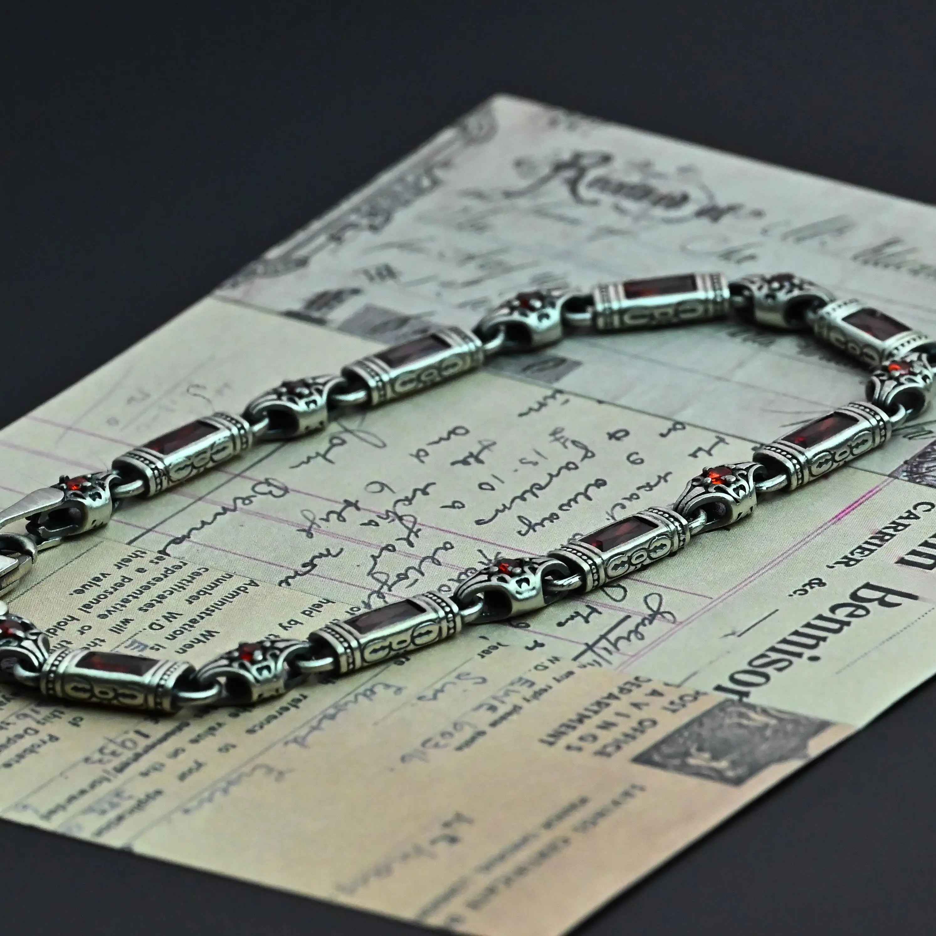 Sterling Silver Men’s Bracelet with Garnet Baguette Stones – Gift for Him