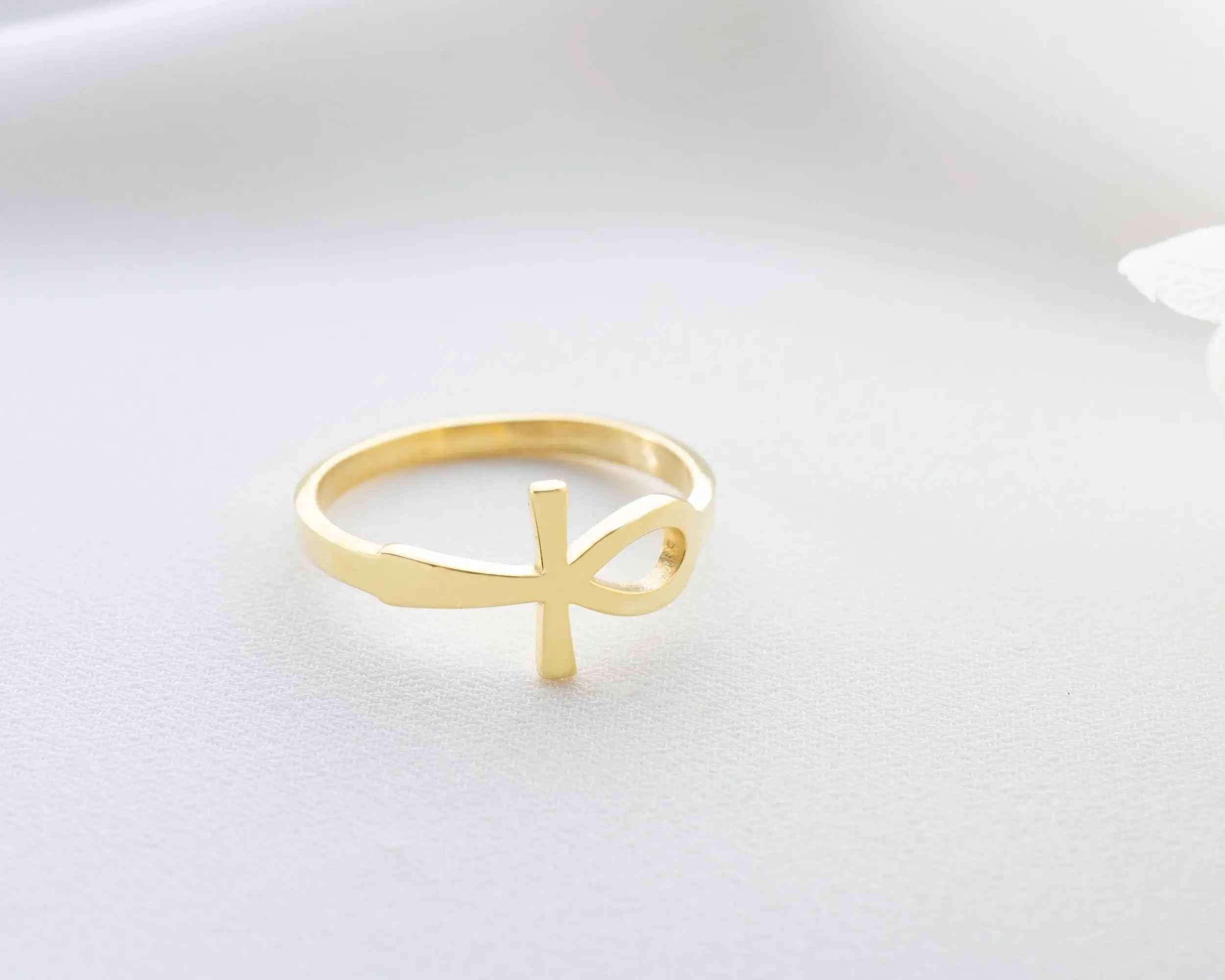 Solid Gold Ankh Ring: Egyptian Cross Jewelry, Handcrafted Gift