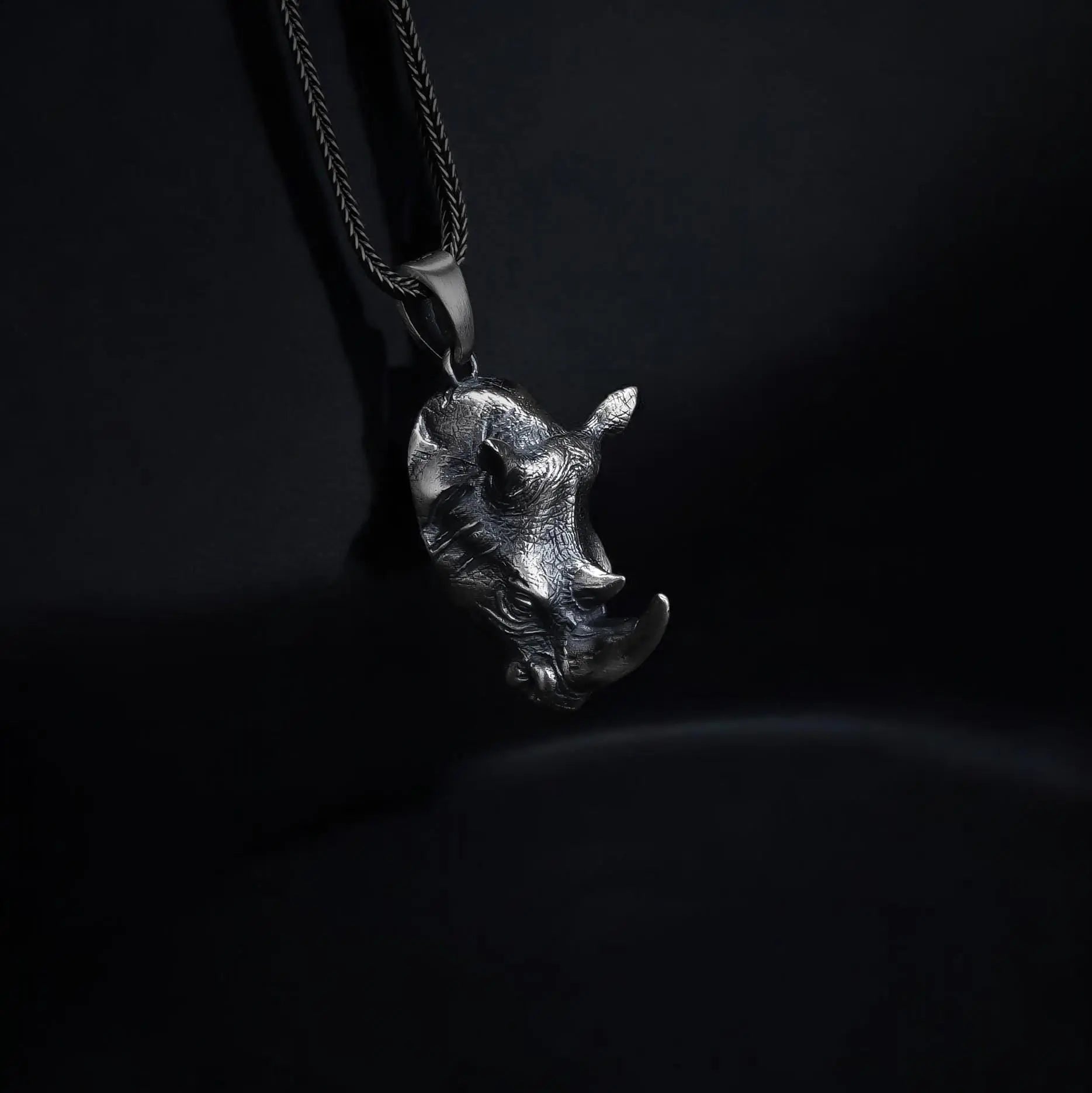 Oxidized Sterling Silver Rhino Pendant, Animal Necklace for Men   Charmora Jewelry