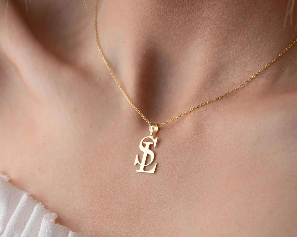 Sterling Silver Two Initial Necklace: Personalized Letter Pendant