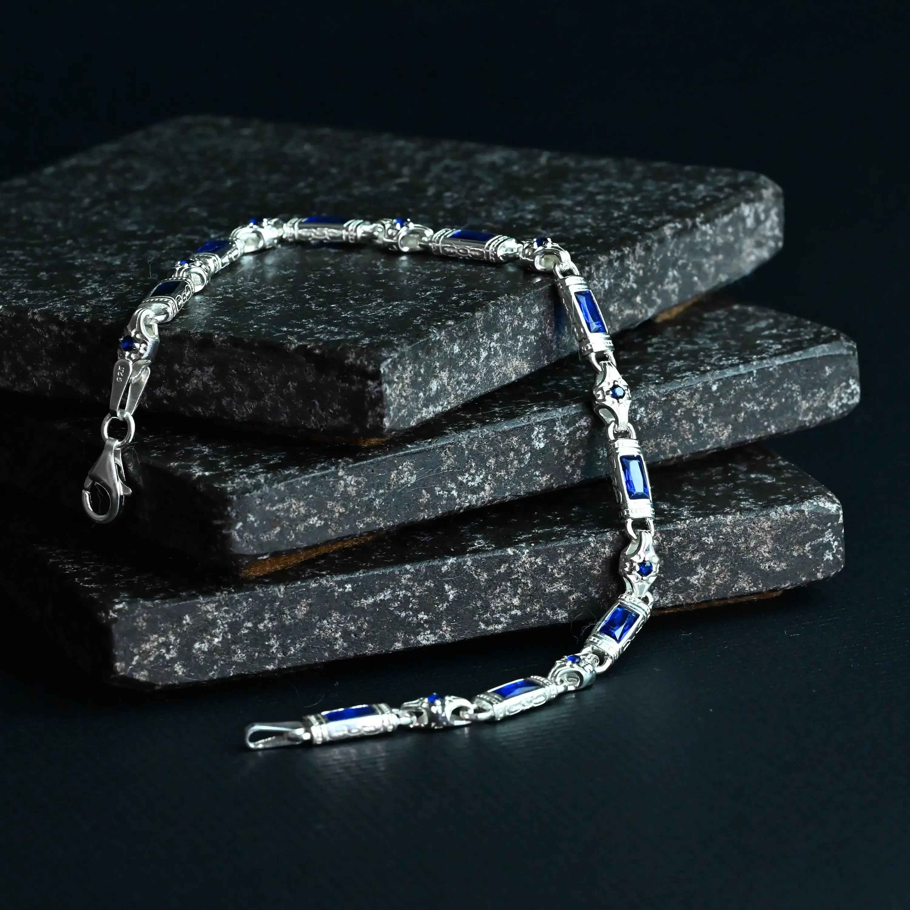 Sterling Silver Men’s Bracelet with Sapphire Baguette Stones – Gift for Him