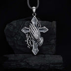 Sterling Silver Praying Hands Cross Necklace, Religious Pendant   Charmora Jewelry