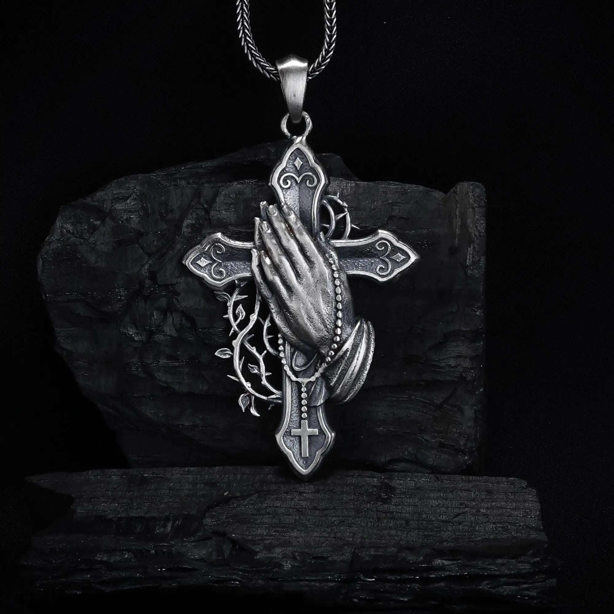 Sterling Silver Praying Hands Cross Necklace, Religious Pendant   Charmora Jewelry
