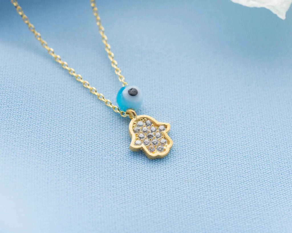 Gold Hamsa Necklace: Sterling Silver Fatima Hand Pendant