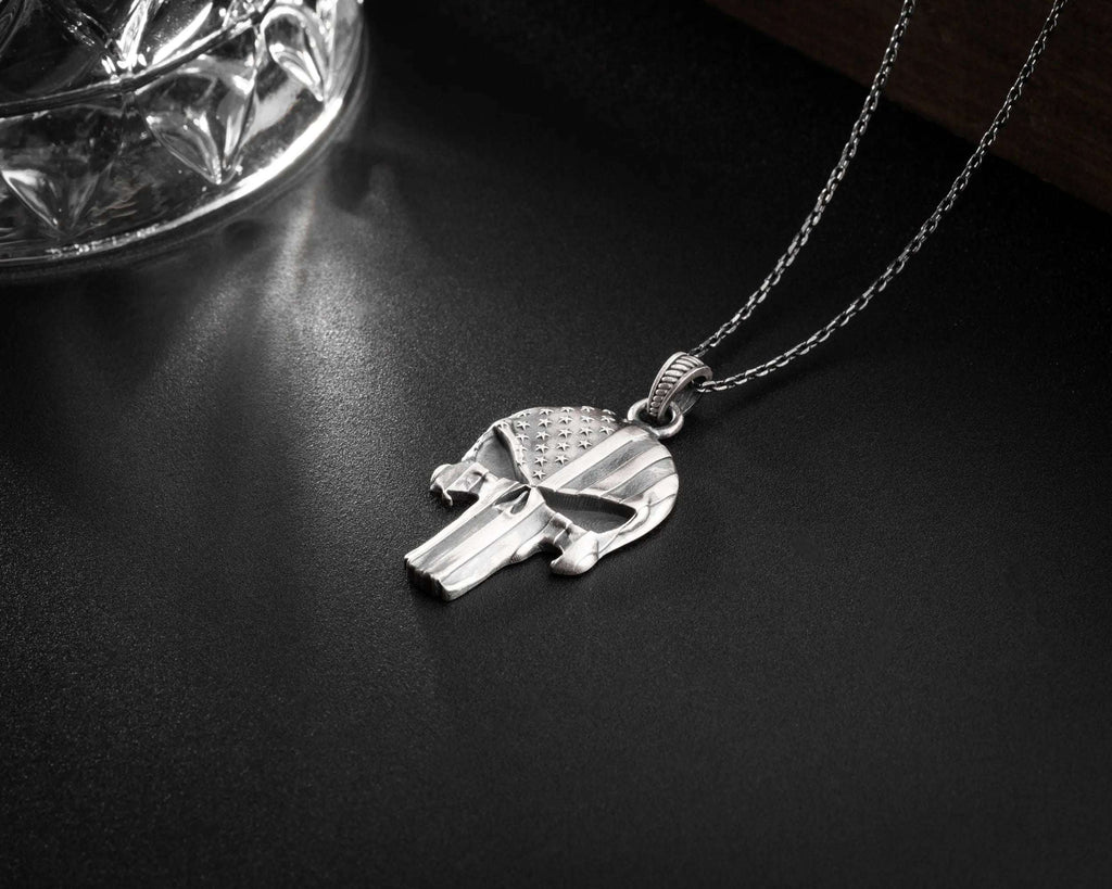 Sterling Silver USA Flag Skull Pendant - Handmade Gothic Necklace   Charmora Jewelry