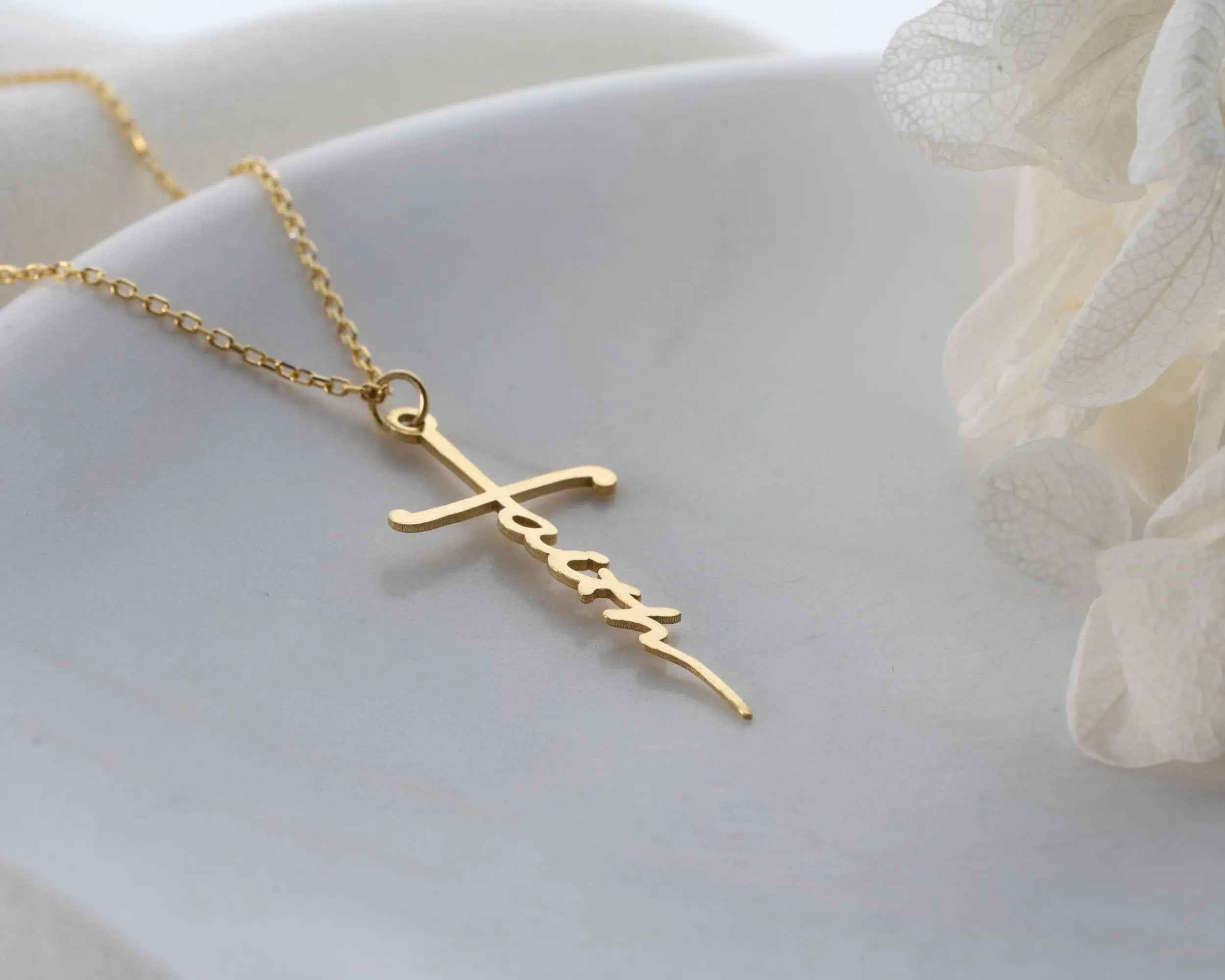 Solid Gold Cross Necklace, Religious Faith Pendant