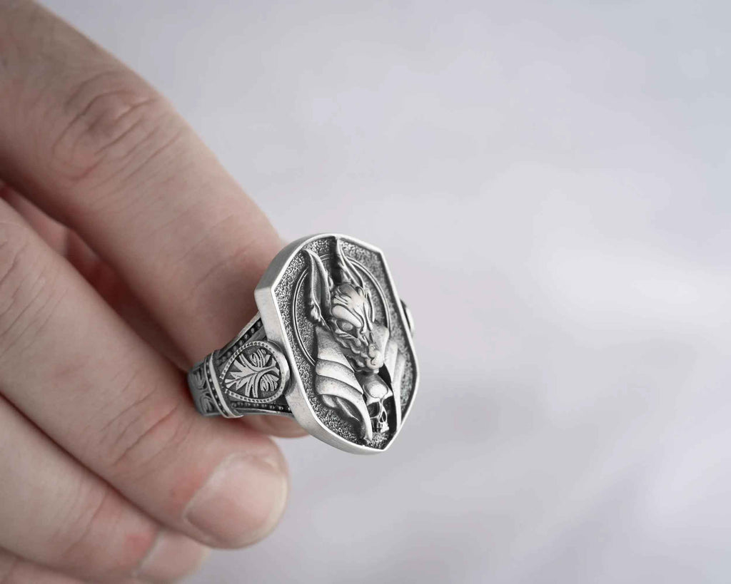 Anubis Skull Sterling Silver Ring - Ancient Egyptian Mens Jewelry