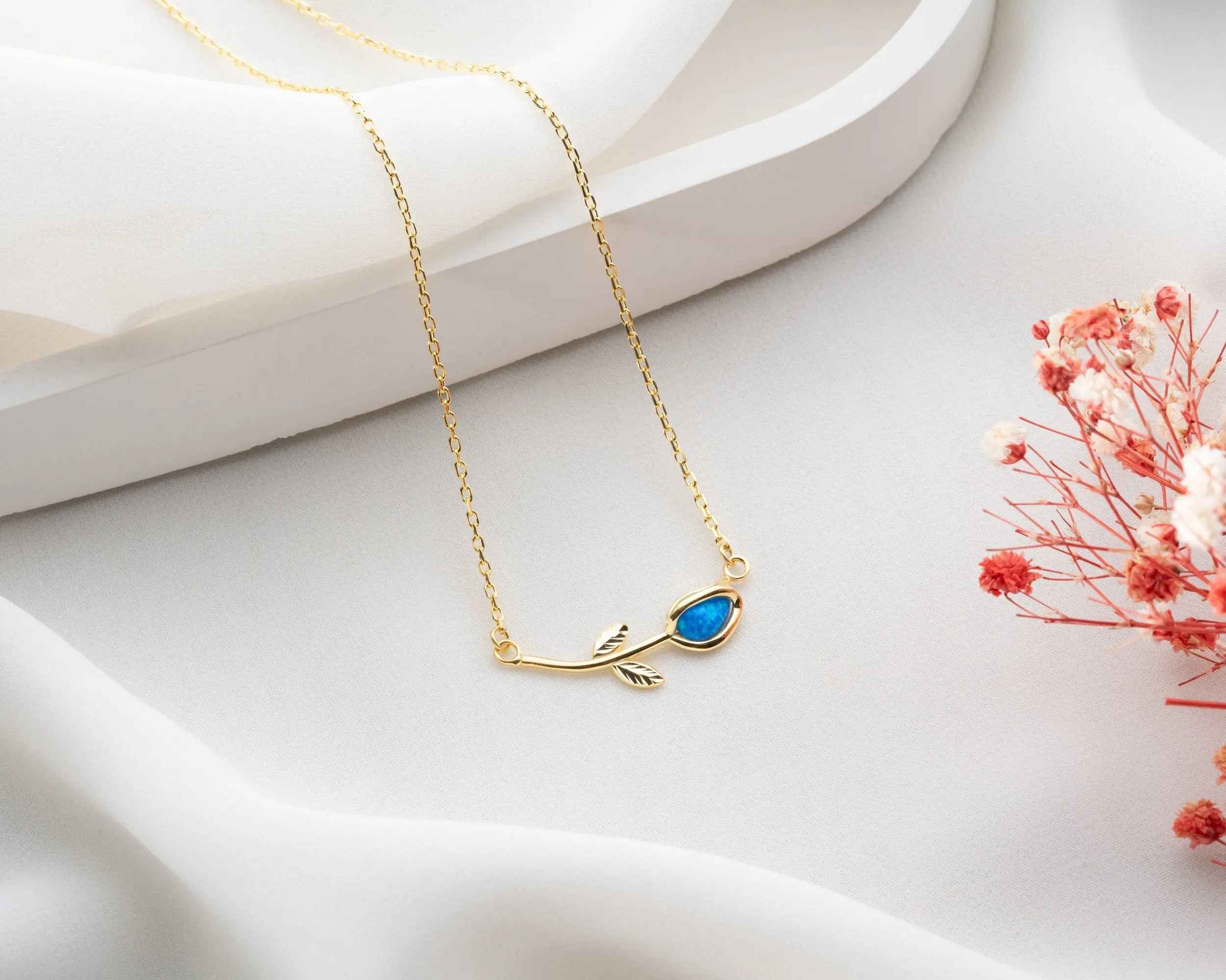 Sterling Silver Tulip Necklace: Blue Australian Opal Pendant