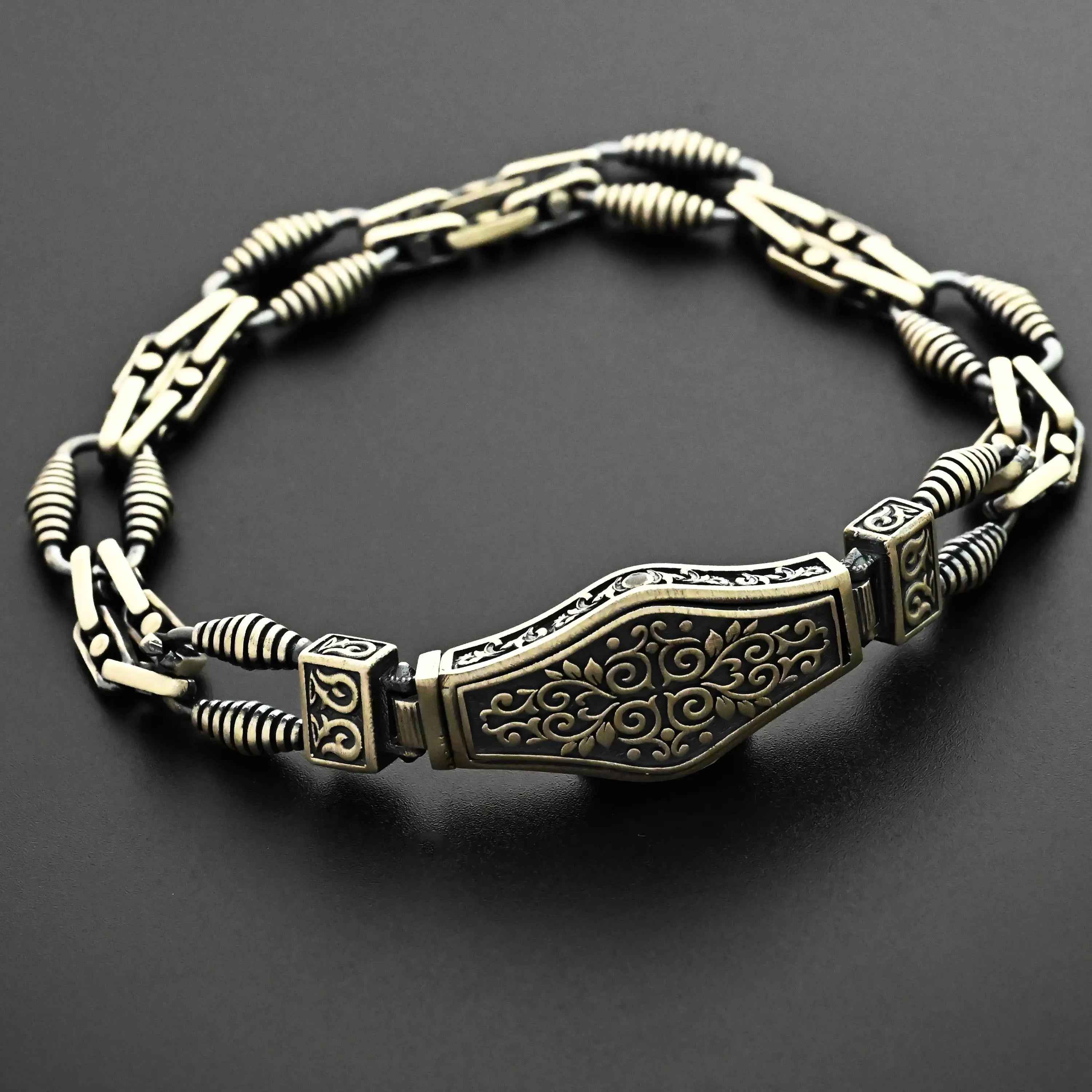925 Sterling Silver Men’s Bracelet with Ornate Lock | Handmade Gothic Chain Bracelet